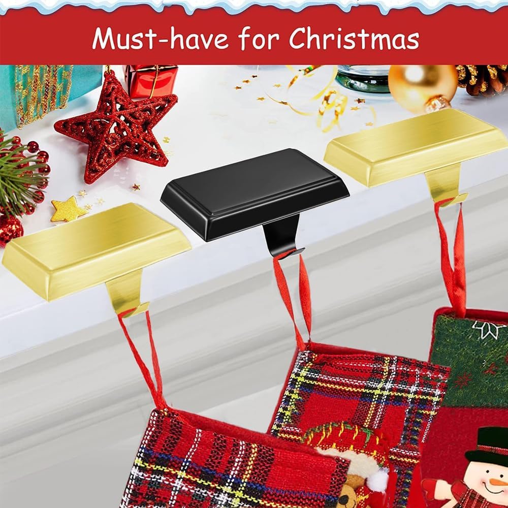 Set of 4 Christmas Stocking Holders for Mantle Christmas Stocking Hanging Hooks Weighted Stocking Holder Bases for Holiday Xmas Fireplace Window Home Table Decor (Gold)