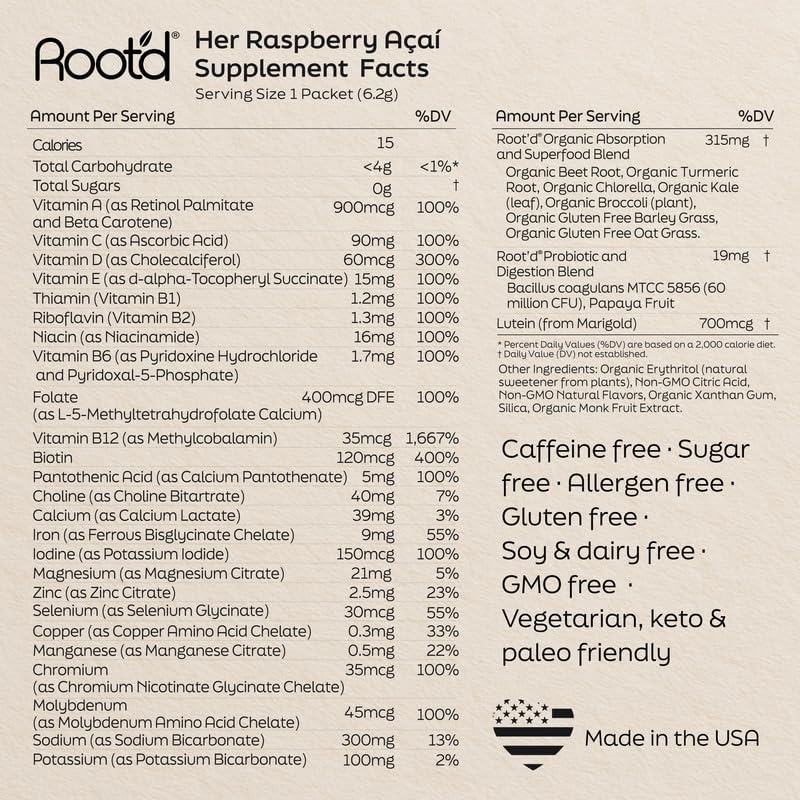 Miniatura 6 de Root'd Multivitamínico en polvo para mujeres, 25 vitaminas y minerales con 3 electrolitos, 9 superalimentos orgánicos, probióticos y enzimas,