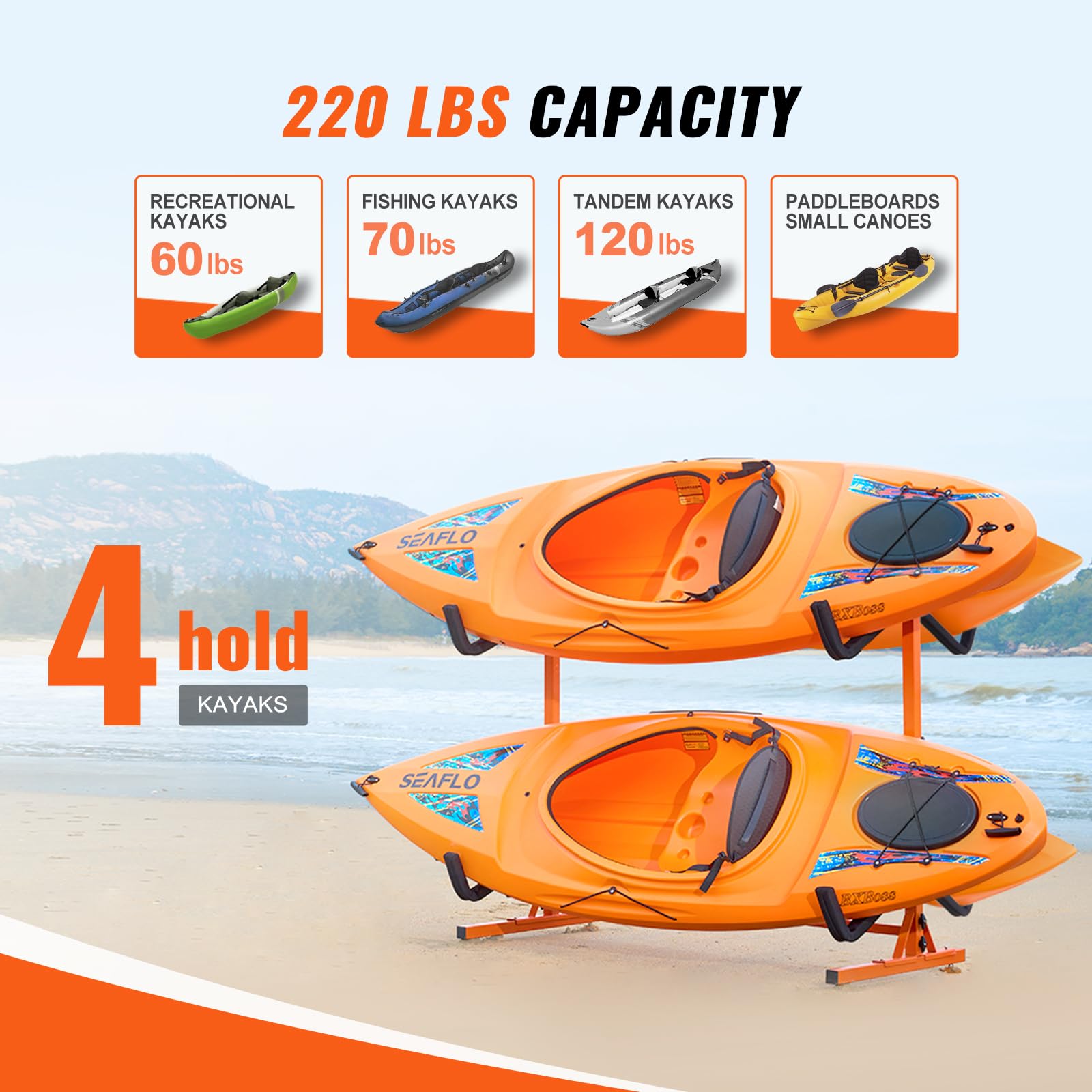 VEVOR Soporte para Kayak Independiente, 4 Piezas de Capacidad, Porta Kayak, Remo para Canoa, Soporte para Tabla de Remo de Acero Resistente con Brazos Acolchados, Ancho Ajustable, Carga 100 kg