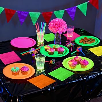 Glow Party Supplies Plates Set for 20 Guests, Including Multi-color Tablecloth, Napkins and Plates for Glow Birthday Decorations Neon Party Decorations