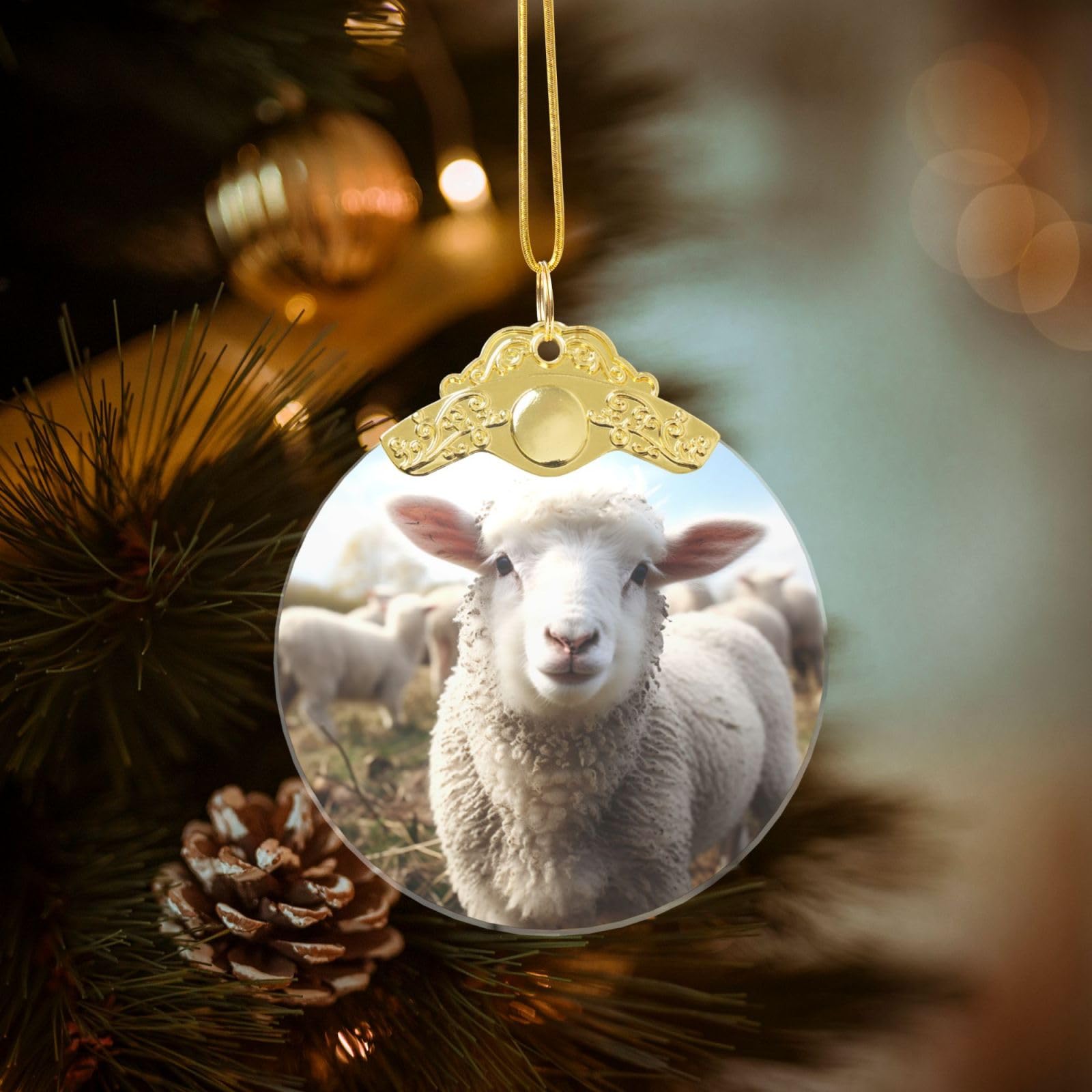 Crystal Christmas Ornaments for Christmas Tree Decoration Hanging Cute Sheep Lamb Ornament with Gold Ribbon Crafts Round Pendant for Keepsake Gifts Glass Xmas Decor Party Supplies