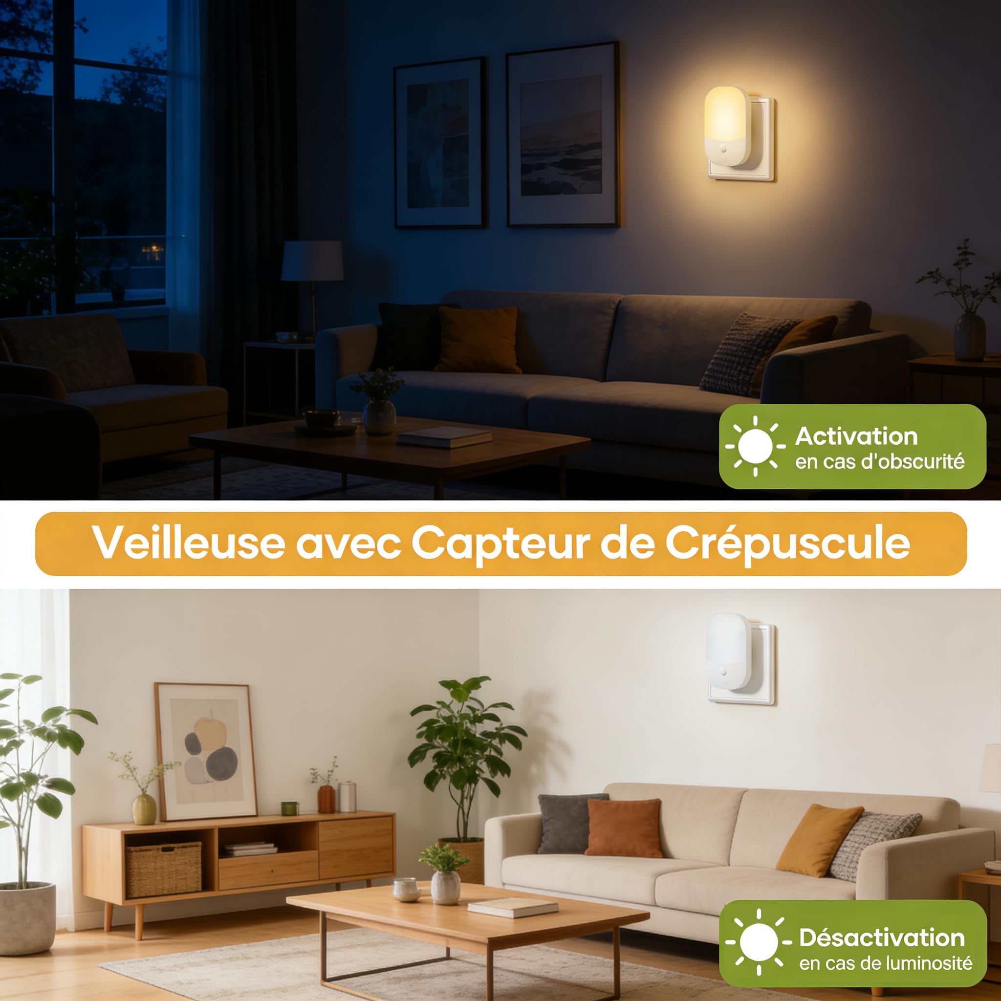 Lot De 2 Veilleuses Enfants Avec Capteur Crépuscule - 5 Niveaux Luminosité Réglable Pour Chambre Et Couloirs