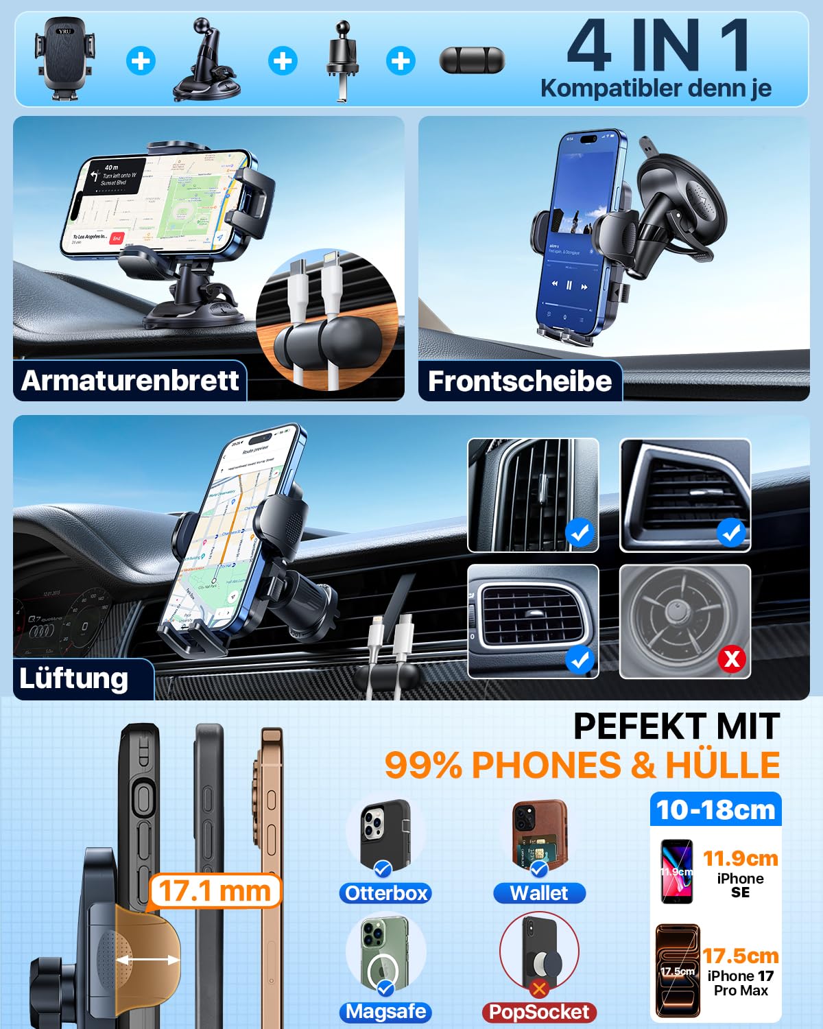 2026 Exclusive Wackelfrei Handyhalterung Auto YRU【Upgrade Bombenfest Saugnapf & Clip】Handy Halterung Auto Kein Rückstand 360° Drehbar Handyhalter Armaturenbrett Scheibe für iPhone Samsung, Mattschwarz