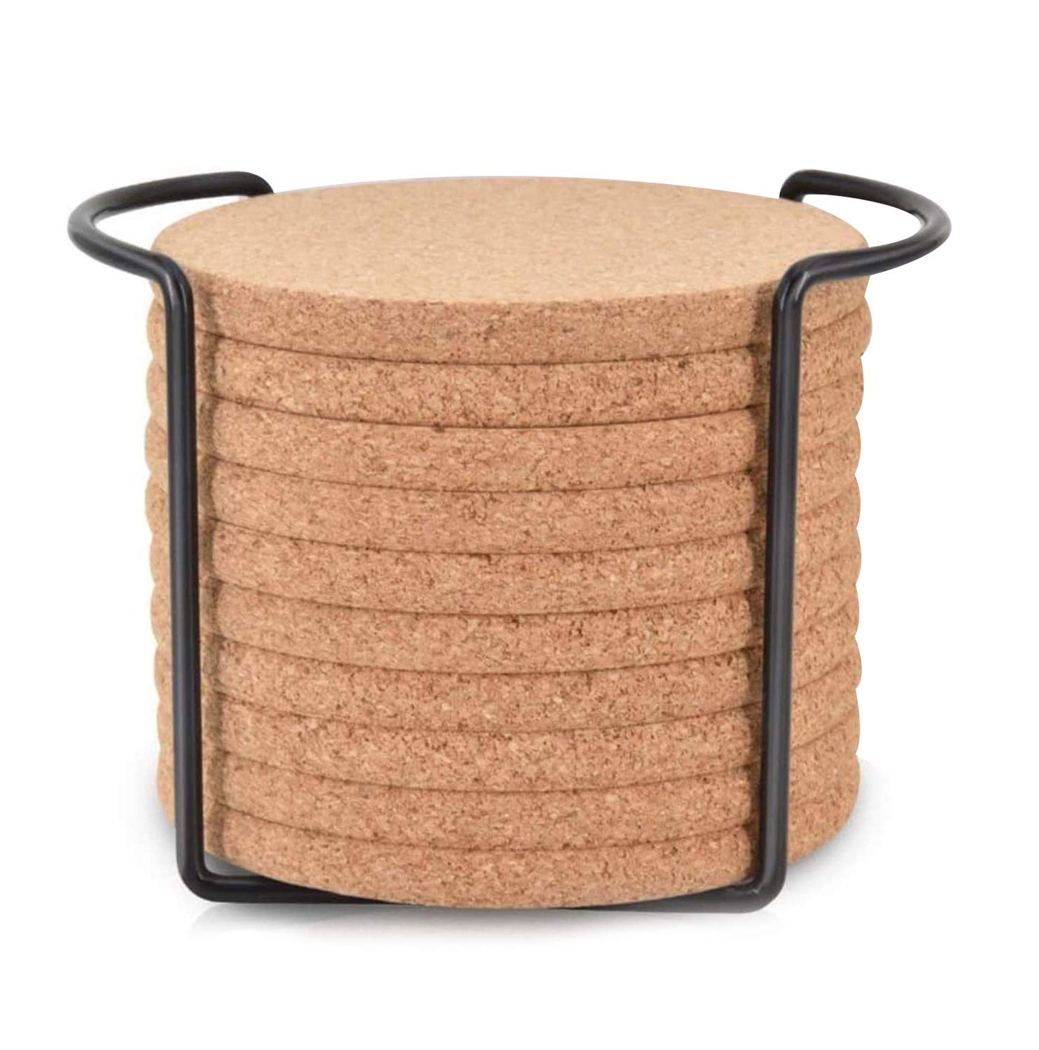 CTRLZS Round Cork Coasters for Drinks,with Metal Holder Storage,Reusable Saucers for Cold Drinks Wine Glasses Cup