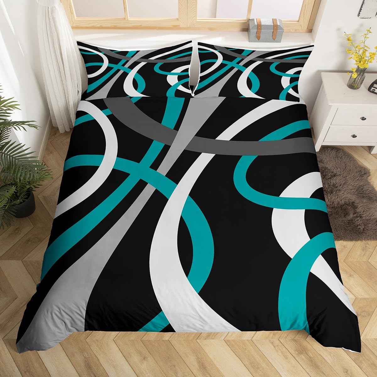Feelyou Blue Black Gray Retro Circle Swirls Bedding Set Geometric for Kids Circle Stripes Geometric Comforter Cover Abstract Geometric Bedspread Cover Twin Size Breathable 2Pcs (No Comforter)