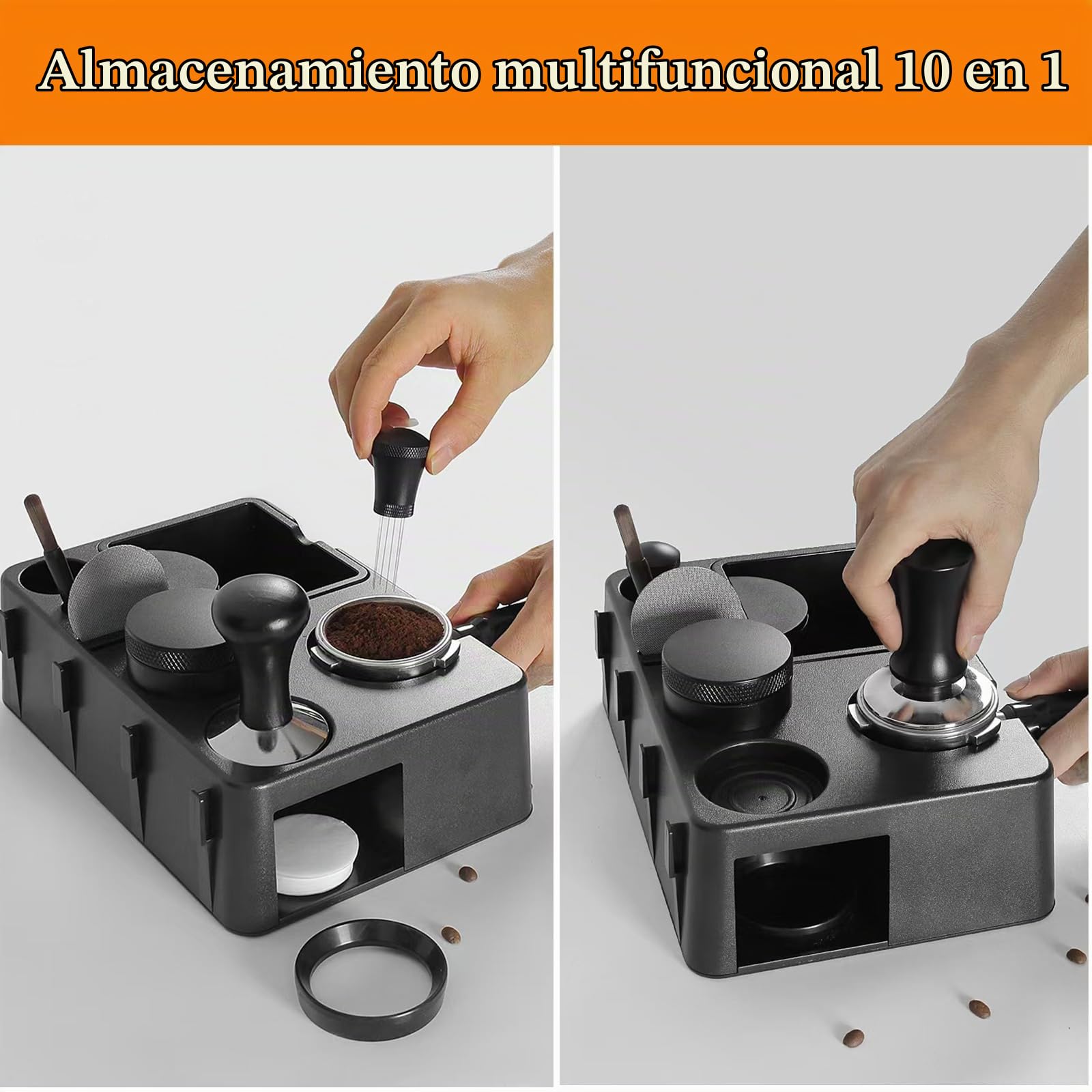 Estación de tamping café de 51 mm, 54 mm, 58 mm, para portafiltros, función 10 en 1, estación de tamping de para accesorios de barista, caja extraíble para espresso Knock Box (Black)