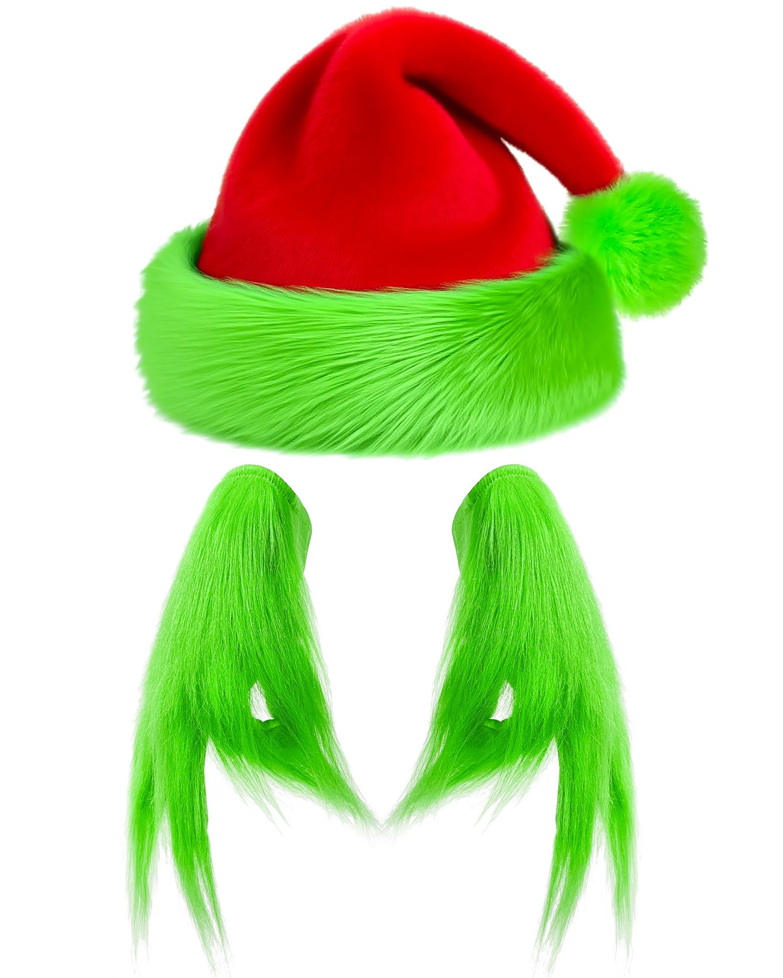 QLINLEAF Green Monster Furry Gloves Christmas Santa Hat Set