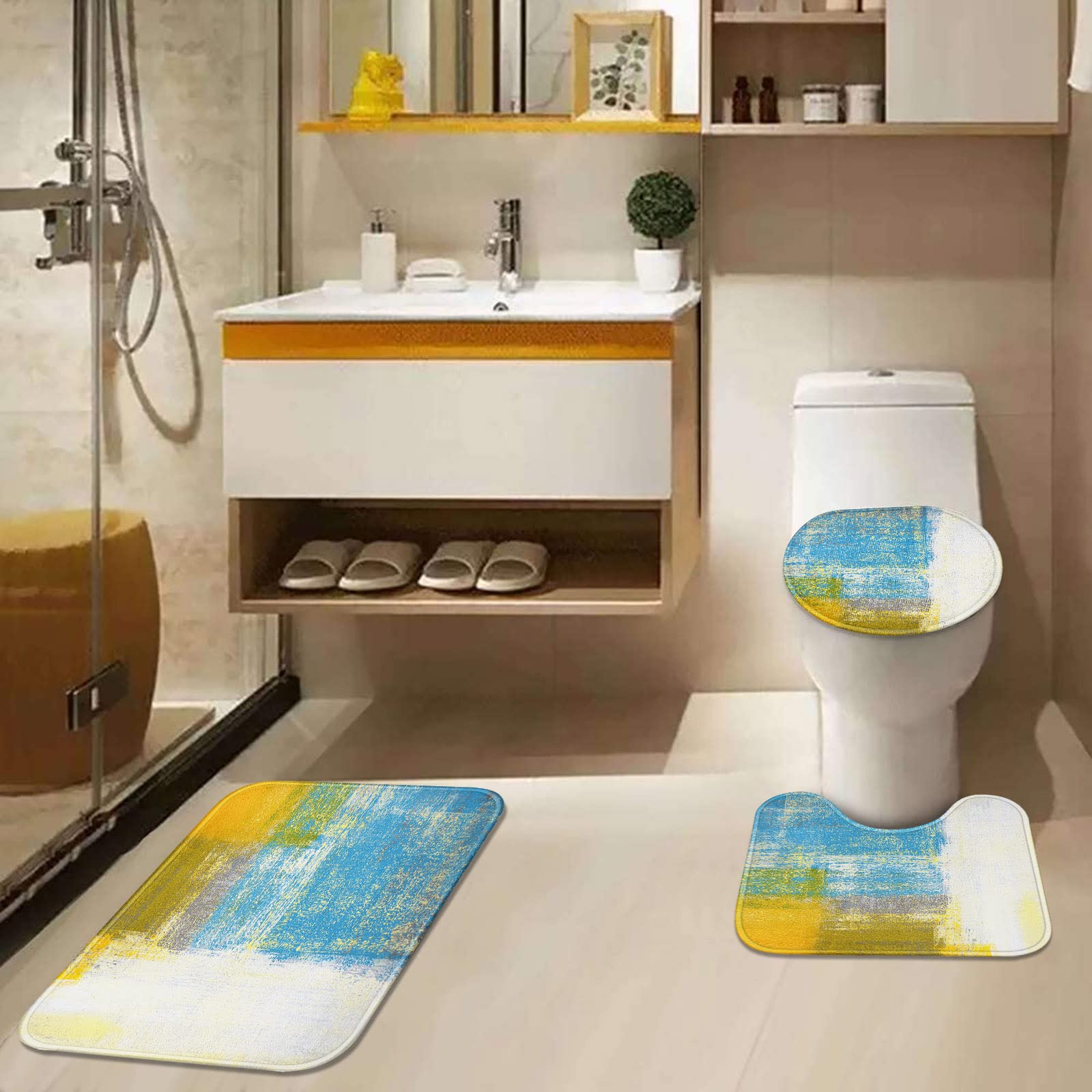 Set da bagno astratto arancione con tenda da doccia e tappeti e accessori, set di tende da doccia in bianco e grigio, tende da doccia moderne per bagno, decorazione bagno arancione, 4