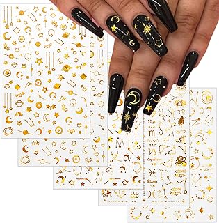 TailaiMei 12 Sheets Gold Moon Star Nail Stickers, 3D Metallic Laser Self-Adhesive Nail Art Decals for Women Manicure DIY or Nail Salon(1000Pcs)