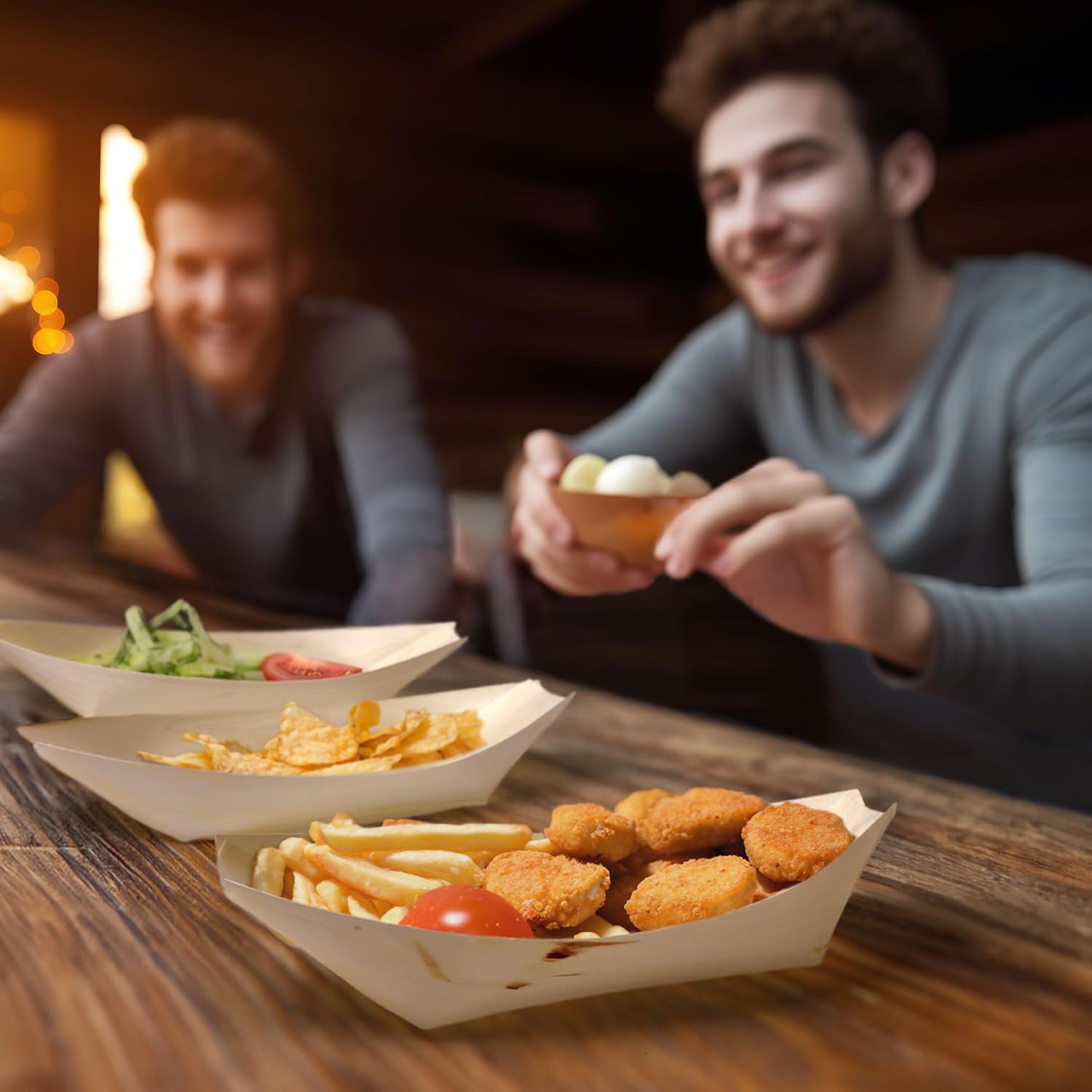 BambooMN Brand - Disposable Wood Boat Dinner Food Plates/Dishes, 5.25" Long x 3" Wide x 1" High, 100 Pieces 100 5.25"