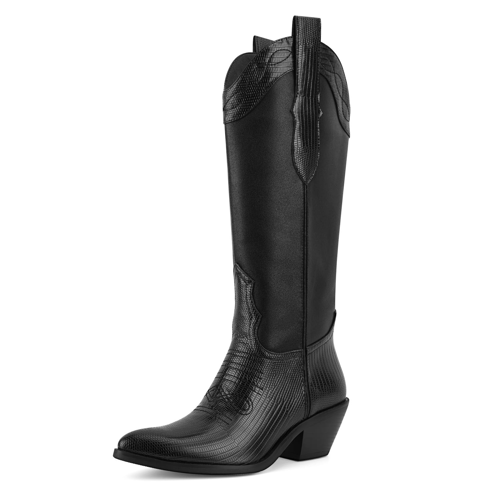 Western Cowboy Boots for Women Knee High Cowgirl Boots Pointed Toe Chunky Block Heel Fashion Retro Classic Pull