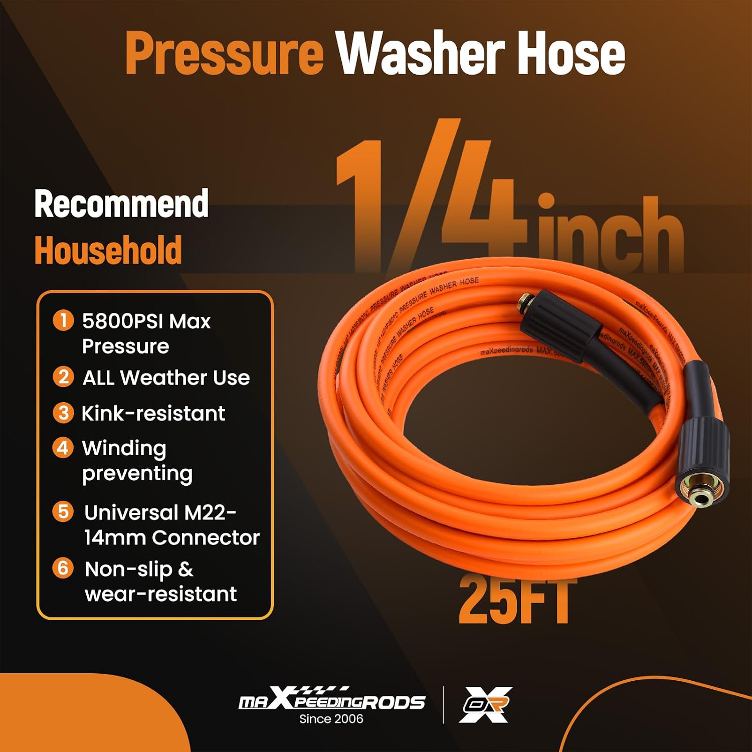 maXpeedingrods Pressure Washer Hose 25FT x 1/4", 5800PSI Kink Resistant Power Washer Hose, PVC Universal Electric Flexible Pressure Washer Hose, Compatible with M22 Fittings, Orange