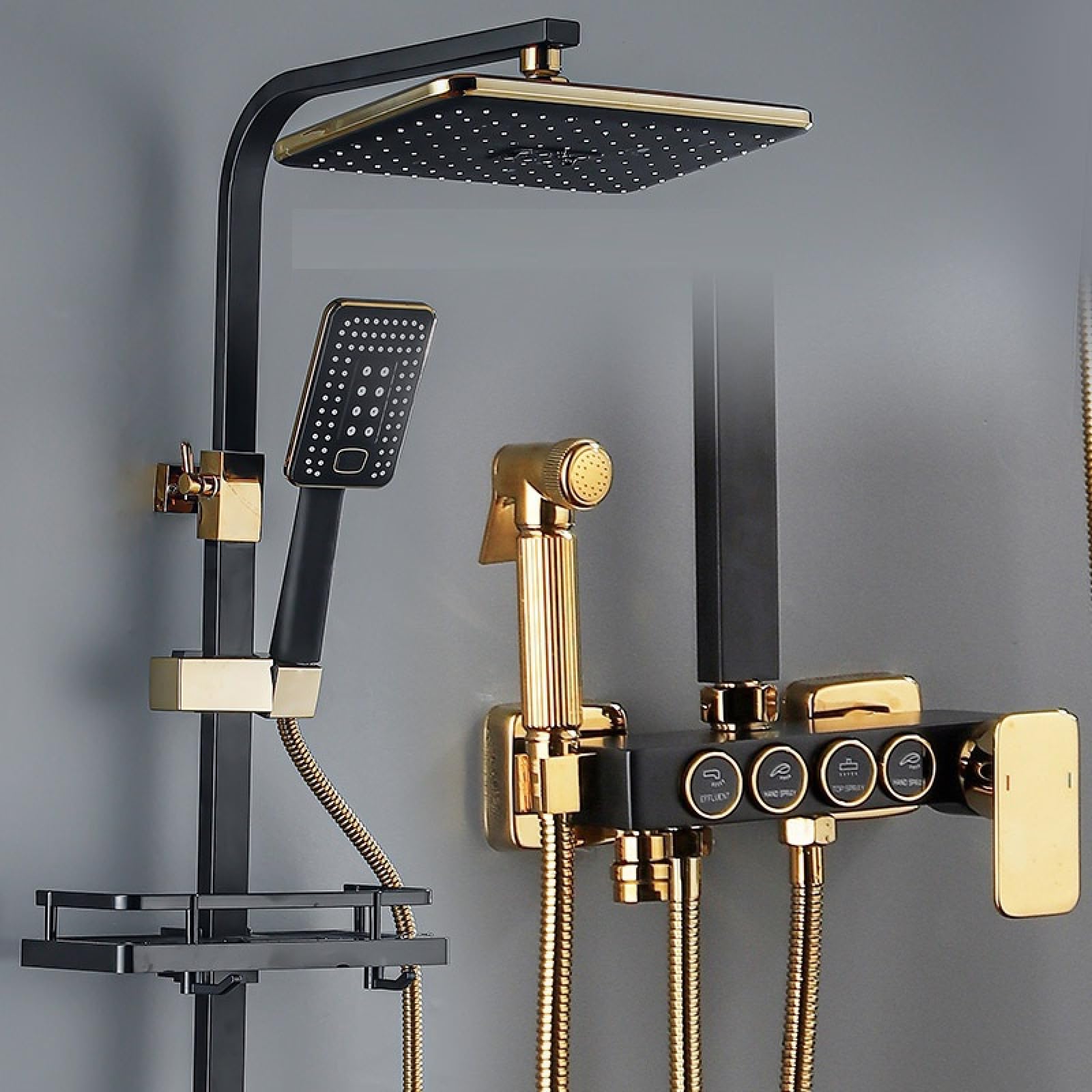 ASerZenith Family Hotel European Brass Body Faucet Bathroom Bathroom Button Shower Four-Position Black and Gold Shower Set(4Levelsof BlackGold SquareTube)