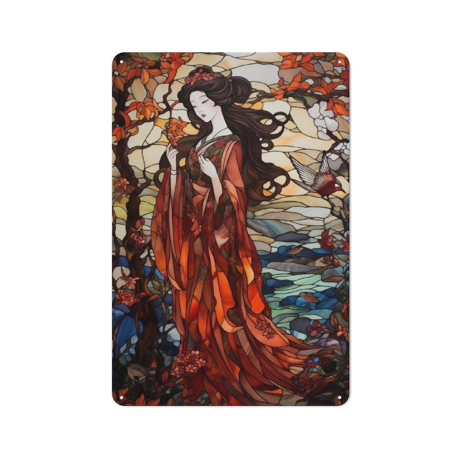 Junmoney Stained Glass Geisha Printed Metal Sign 30X20cm For Living Room Or Hallway, For Home Wall Decor Collectors