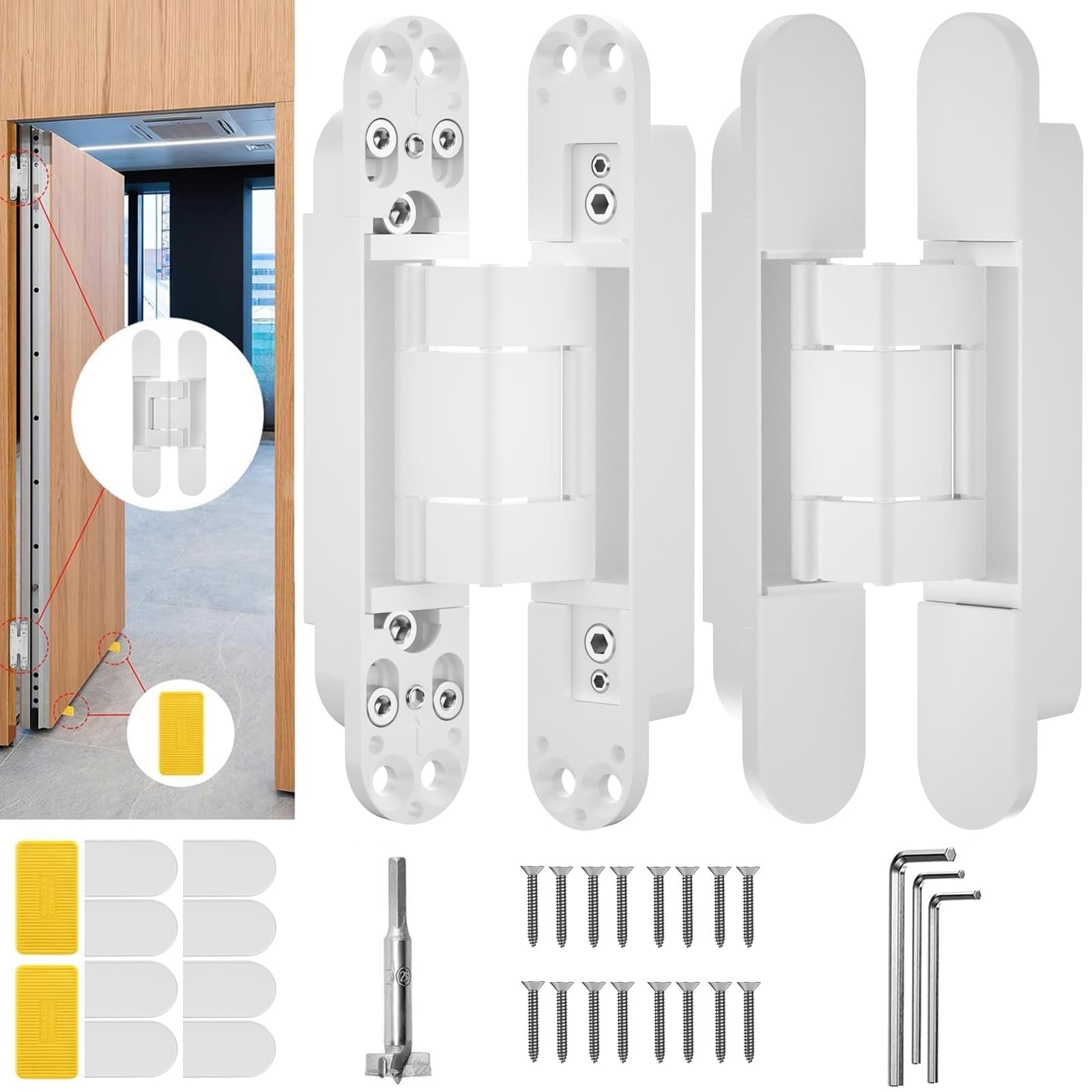 7" Hidden Door Hinge/Concealed Hinges,Invisible Hinges,Invisible Door Silent 180 Degree Swing Hinge 3-Way Adjustable Butt 7 x 2.8 x 1 (2, White, 7 inch) — image 1
