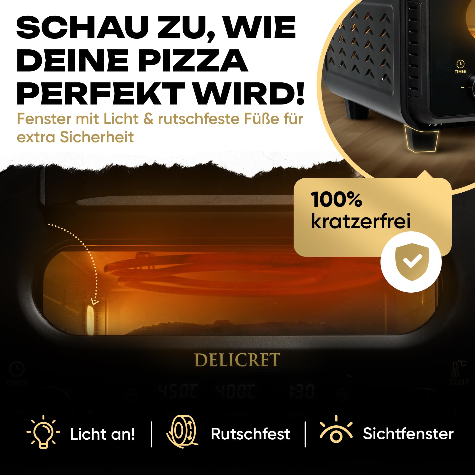 DELICRET elektrischer Pizzaofen 12" - bis zu 450℃ - 1700 Watt - Backraumtemperatur und Steintemperatur getrennt einstellbar