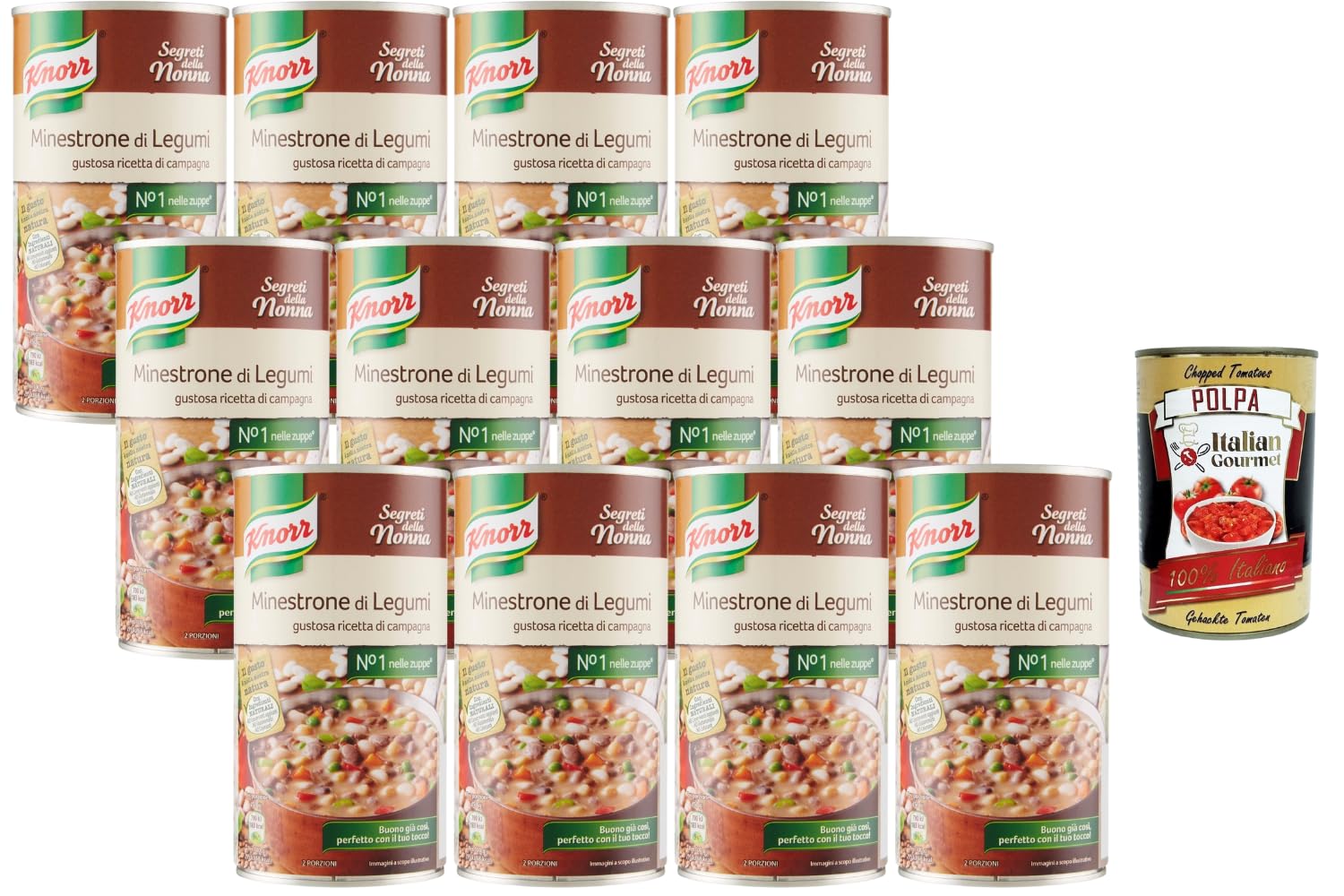Italian Gourmet Hülsenfrüchte Minestrone Suppe 12 x 500 g Dose – Herzhafte italienische Gemüsesuppe mit Bohnen & Leguminosen, Großpackung Vorrat, schnell servierfertig + Italian Gourmet Polpa