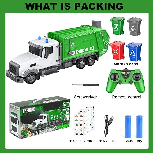 Miniatura 7 de Camiones de juguete con control remoto de 2,4 GHz, camión de basura RC 124 con 4 cubos de basura, control remoto de 6 canales, camión de basura de