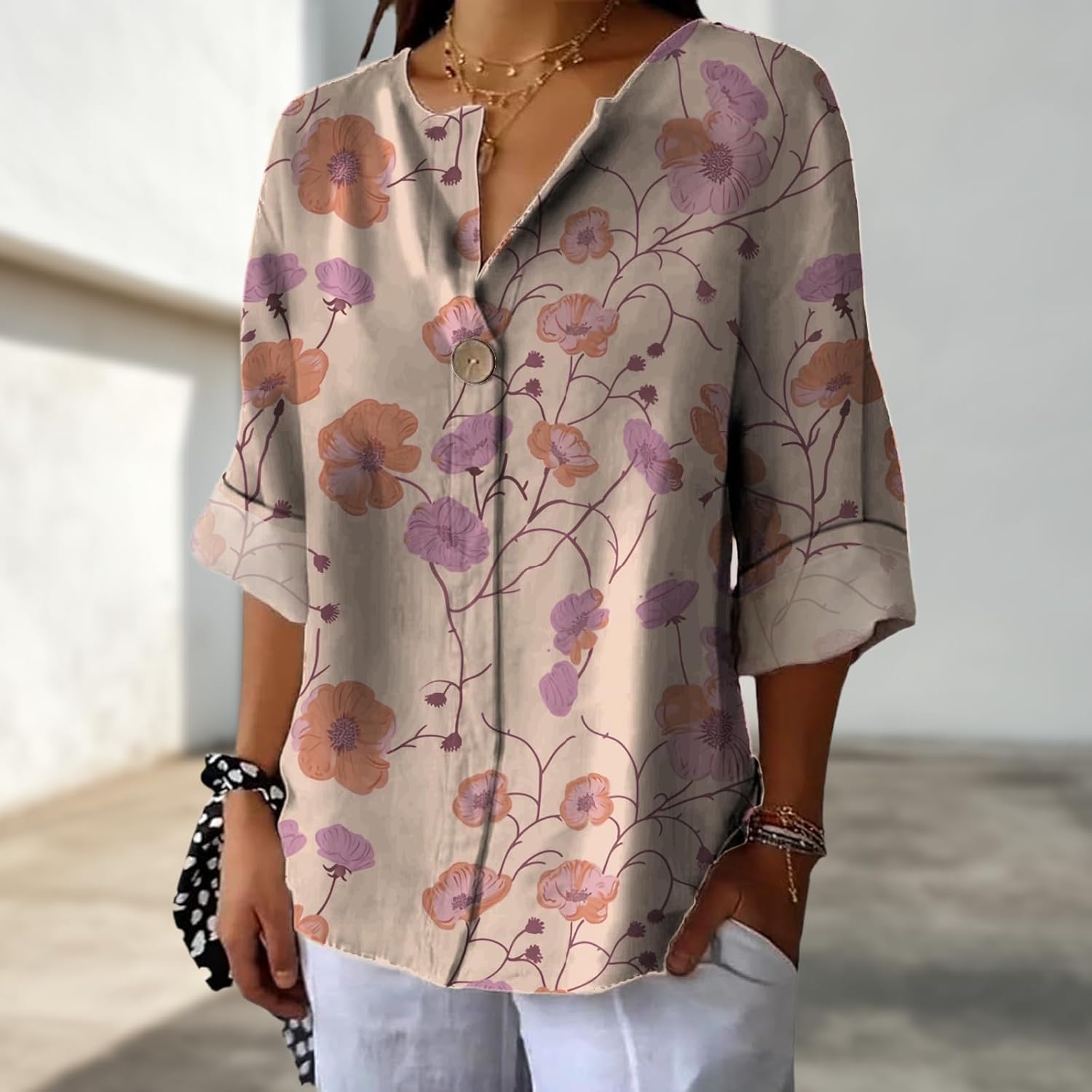 Hawaiian Shirts for Women Loose Vintage Graphic Floral Lightweight Button Down V Neck Comfy Printed Dressy Blouse - Image 2