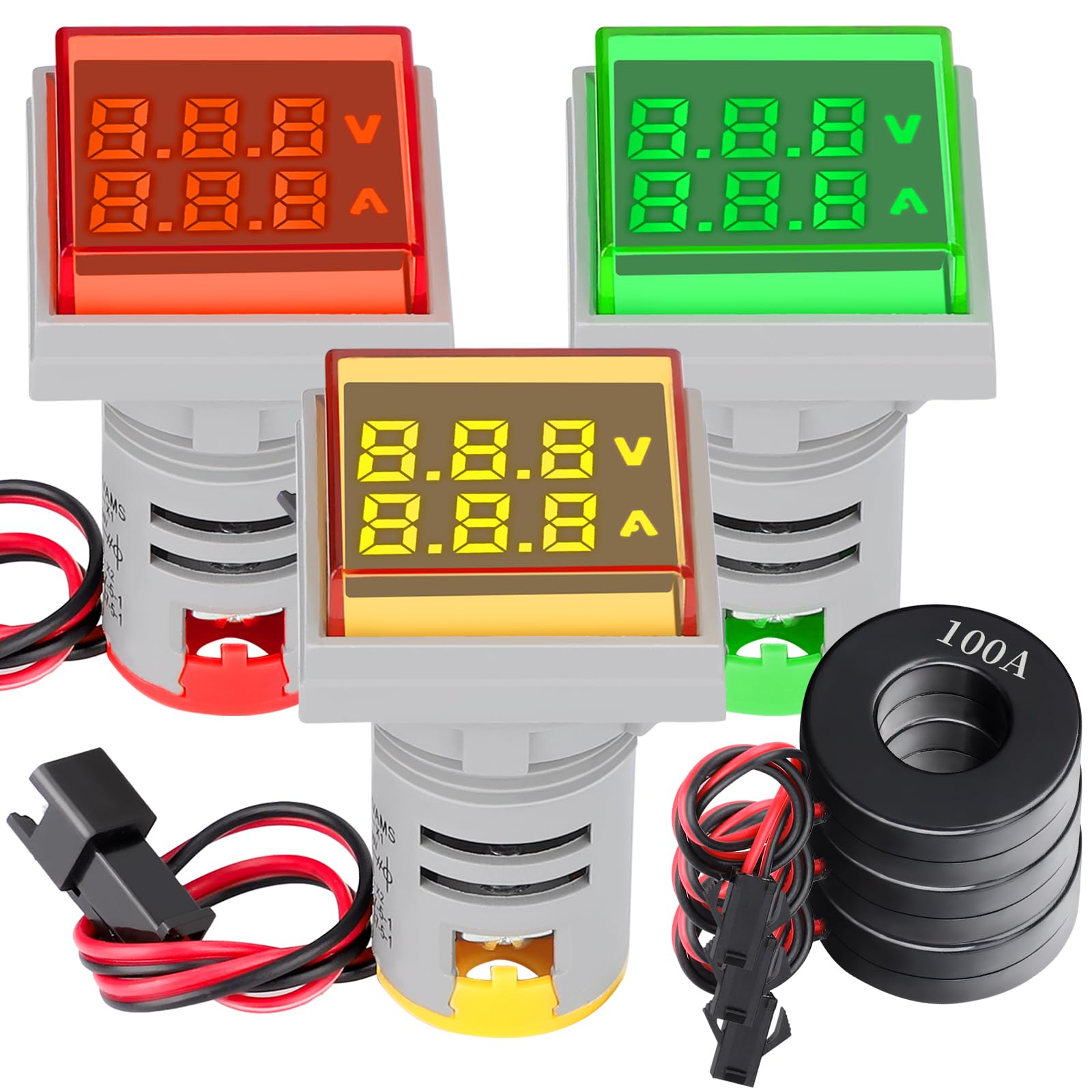 DROK AC Volt Amp Tester, 3pcs AC 60-500V 100A Voltage Current Monitor Digital LED Display Voltmeter 110v 220v Volt Detetor Green Red Yellow Signal Indicator Light Panel