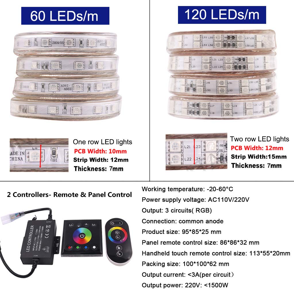 XUNATA Kit de Tira de LED RGB con Control Táctil, Luz de Cuerda Flexible 5050 Impermeable con Control Remoto y Controlador de Panel (120 LEDs/m)- 3 Metros