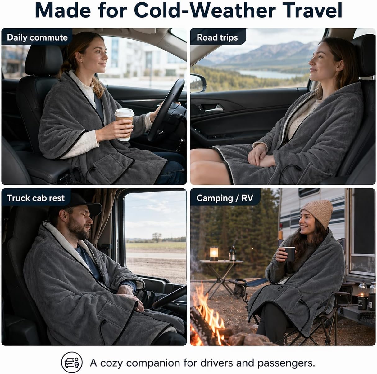 Sojoy 12V Heated Car Blanket with Zipper Wearable Design, Flannel Sherpa Electric Blanket for Car Truck SUV RV Van, Portable Heated Shawl, Dark Gray