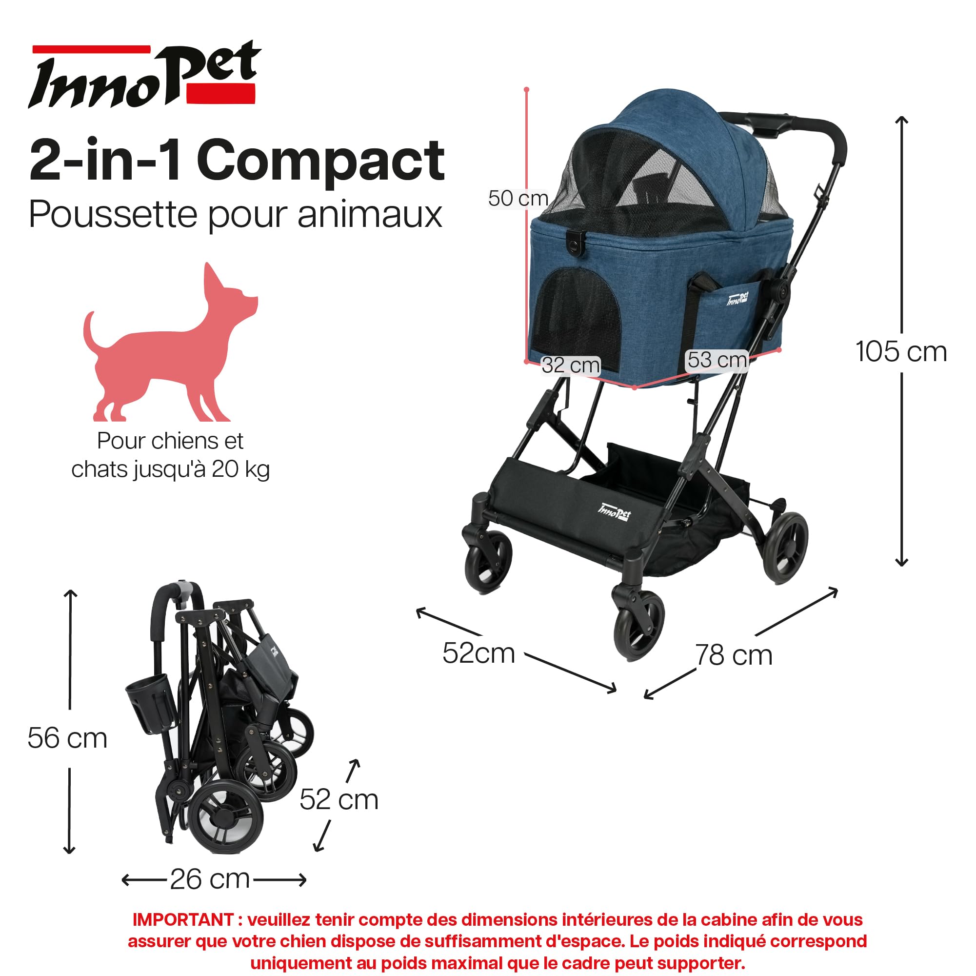Poussette compacte 2 en 1 Innopet pour chiens et chats - Poussette pliable pour animaux avec sac de transport amovible - Buggy légère pour animaux de petite et moyenne taille jusqu'à 20 kg