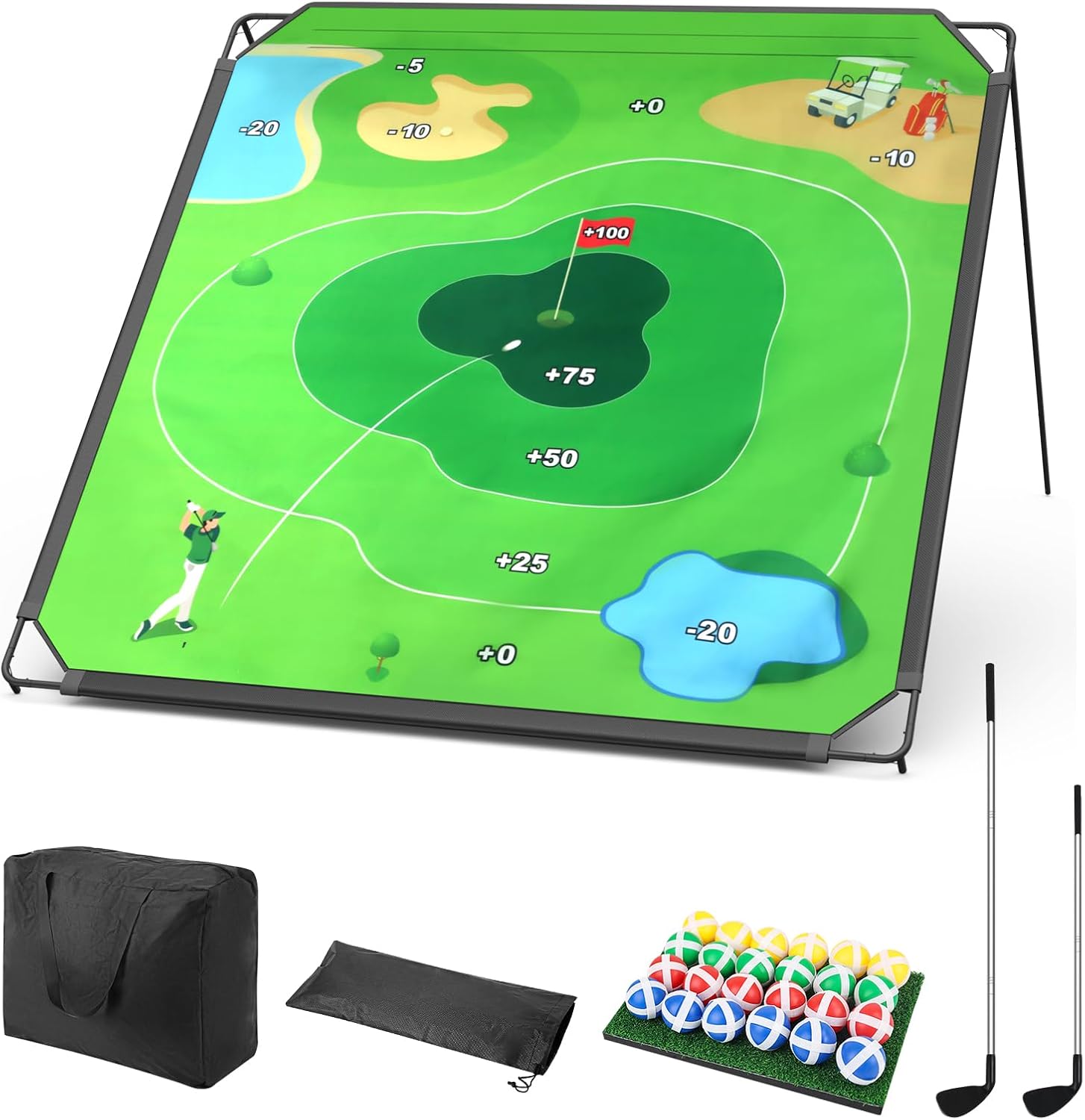 Portable Golf Chipping Game Set for Dads & Junior Golfers - Indoor, Outdoor Backyard & Lawn Fun with 24 Sticky Balls, Putting Mat, 2 Putter & Carry Bag - Easy Setup Family Golf Gifts