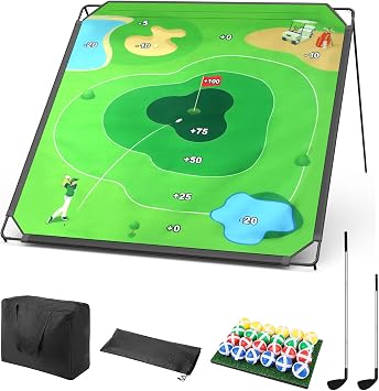 BaiYuan Portable Golf Chipping Game Set for Dads & Junior Golfers - Indoor, Outdoor Backyard & Lawn Fun with 24 Sticky Balls, Putting Mat, 2 Putter & Carry Bag - Easy Setup Family Golf Gifts