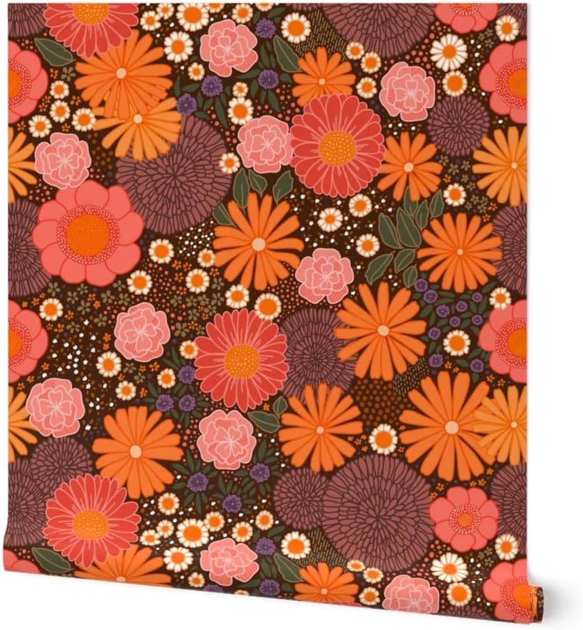 Spoonflower Peel & Stick Wallpaper 3ft x 2ft - 1970S Groovy Florals Brown Floral Retro Orange Daisy Custom Removable Wallpaper
