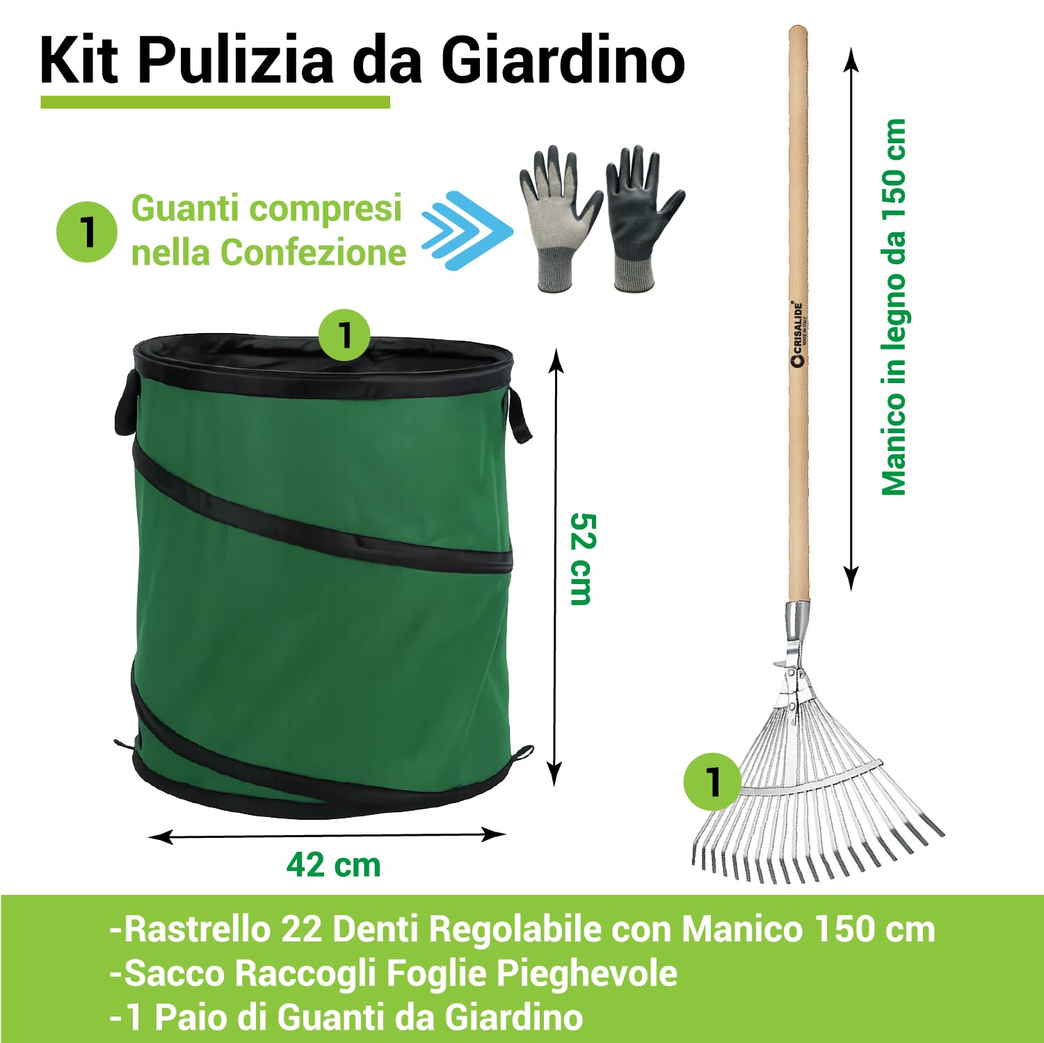Crisalide® Kit de limpieza de jardín con saco recogedor de hojas de 80 l, rastrillo de 22 dientes ajustable con mango de 150 cm y guantes, juego para hojas, hierba, poda y residuos de exterior