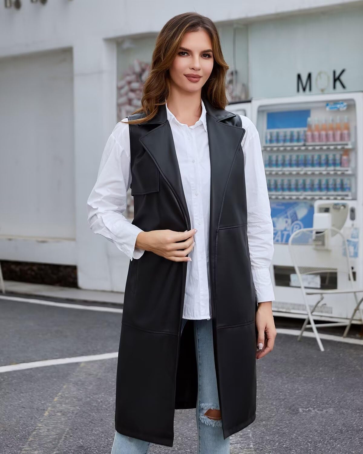 DIASHINY Faux Leather Vest For Women Long Lapel Sleeveless Drape Open Front PU Cardigan