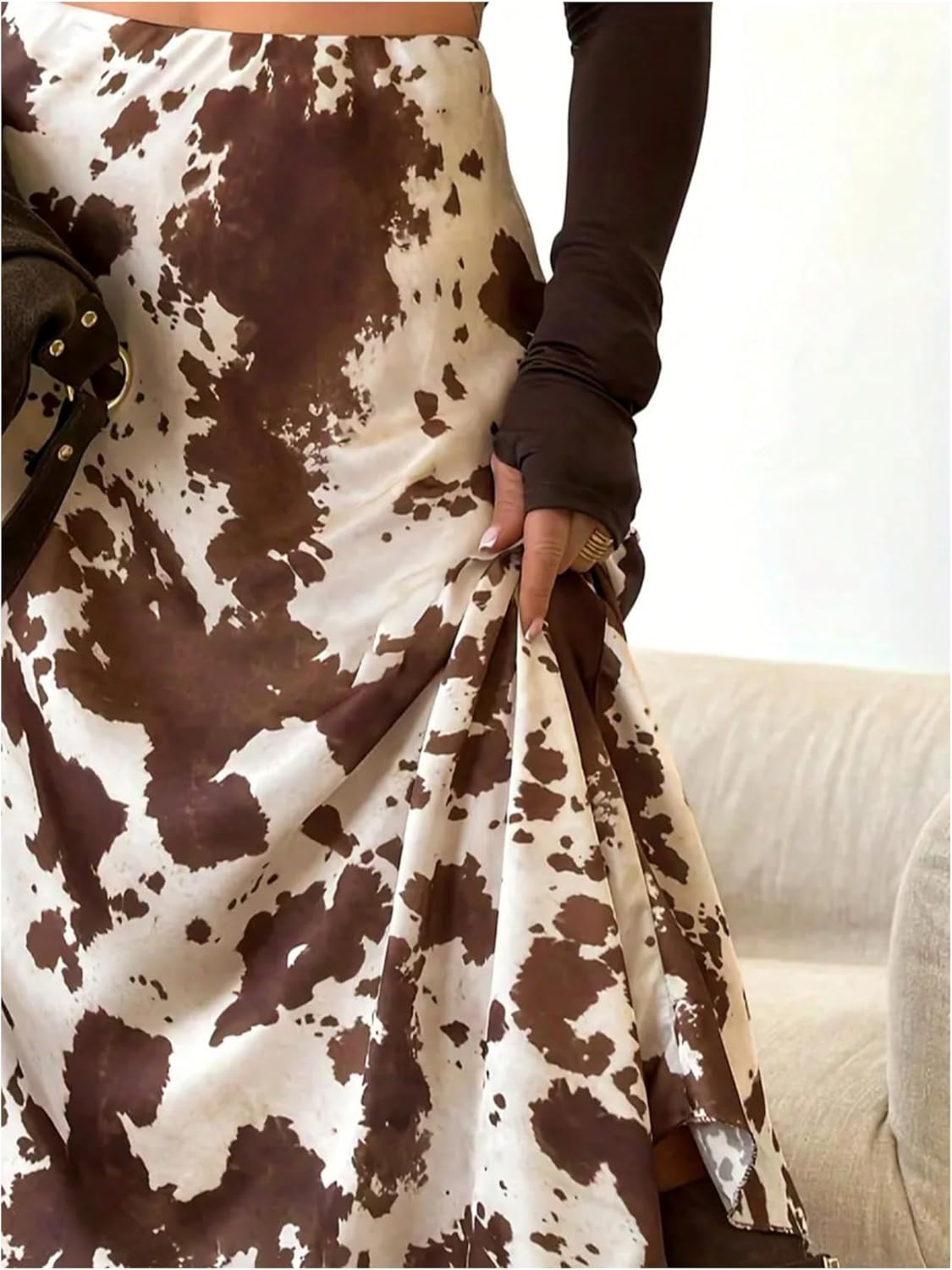 MakeMeChic Women's Cow Print Skirt High Waisted A Line Flowy Summer Midi Skirts