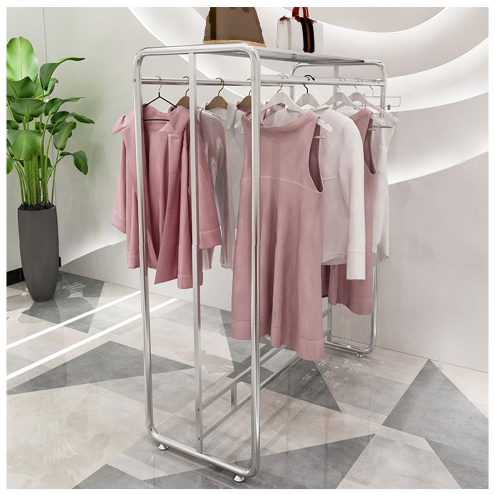 YNBSHGAA Clothing Store Garment Rack Retail Rack, Closet Wardrobe Clothing Storage Display Rack, Floor-Standing Double Hanging Rods Hangers Clothes Shelves, Retail Underwear Rack,Silvery-100×50×135cm