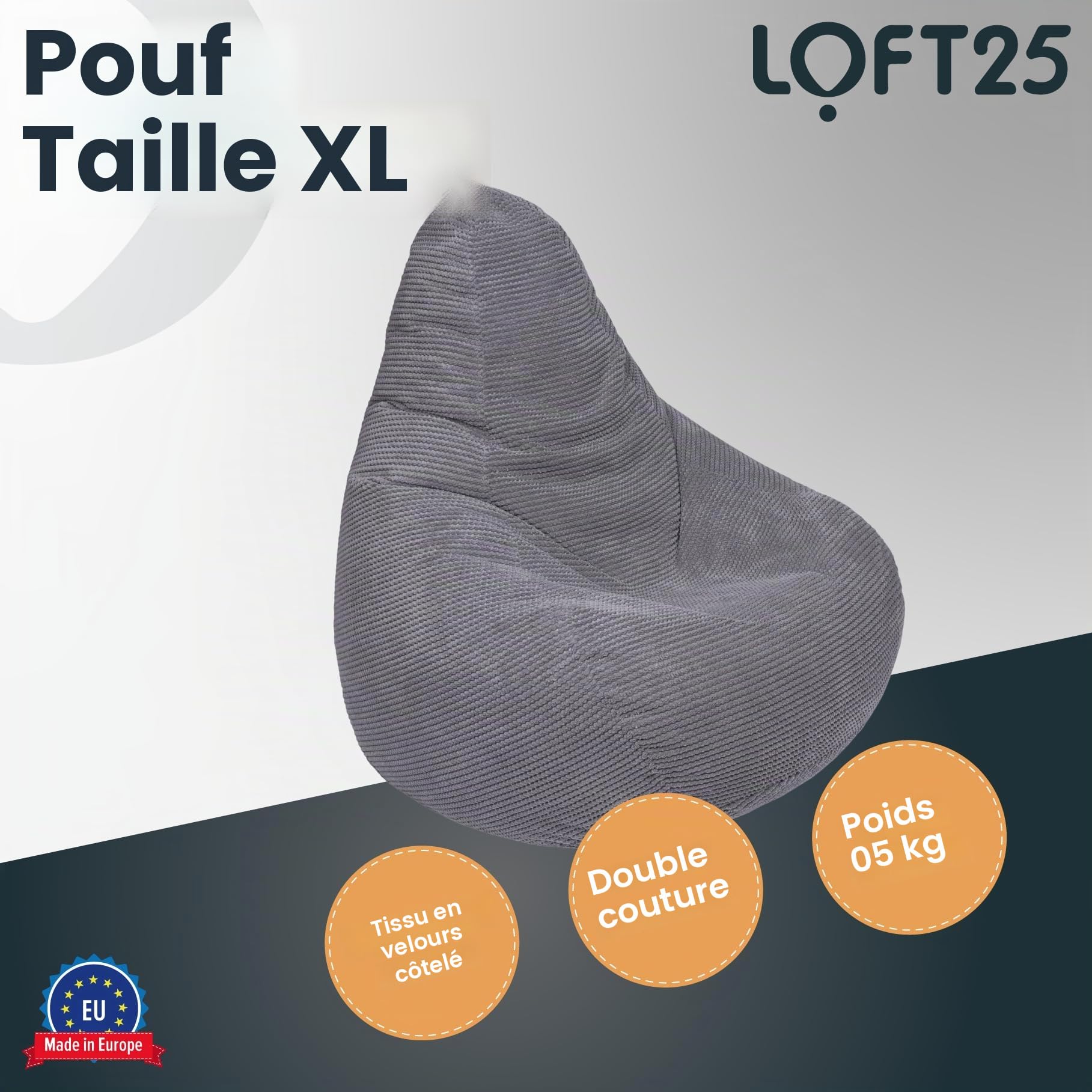 Loft 25 Pouf ergonomique d’intérieur en forme de poire à dossier haut pour adulte en tissu velours côtelé et doublure intérieure Gris anthracite