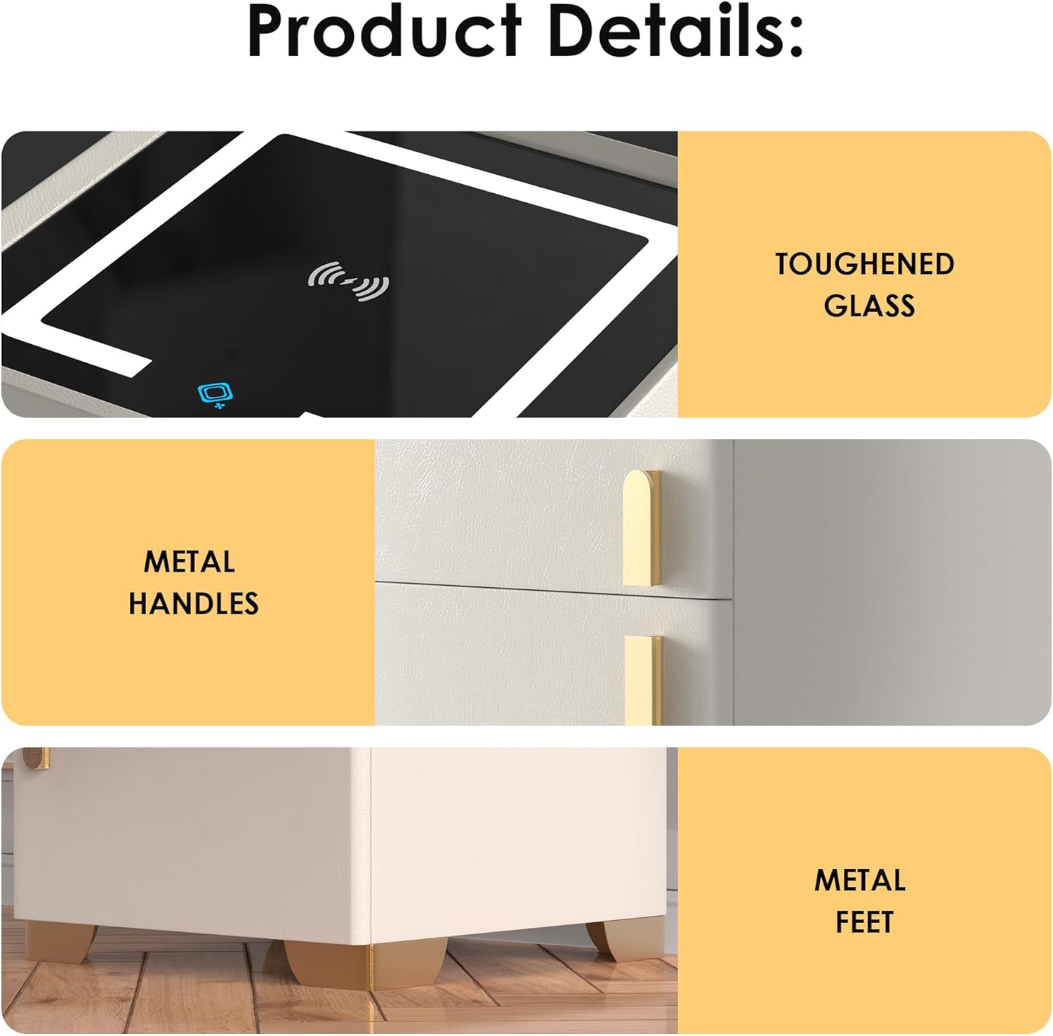 Smart Nightstand with Drawer and Safe, LED Bedside Table Night Stand Modern Night Table with Strongbox, Nightstand with Wireless Charging for Bedroom Office (Creamy White)