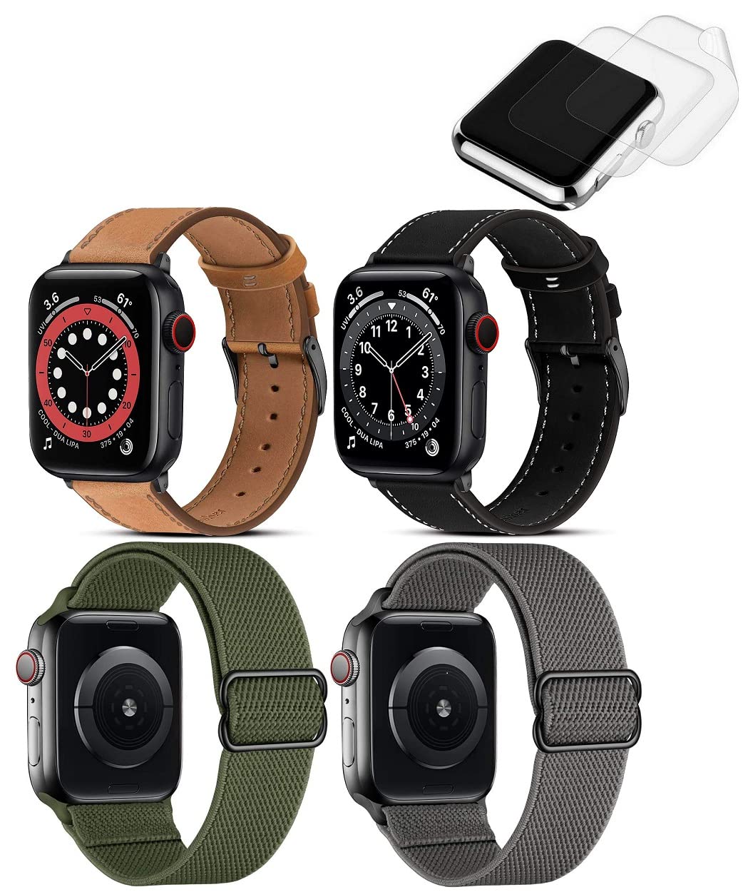 (4 Pack) Stretchy Nylon Solo Loop + Leather Bands Compatible with Apple Watch 45mm 44mm 42mm, Adjustable Braided Sport Elastic Wristbands Women Men Straps for iWatch Series 7/6/5/4/3/8/9/SE,2x Screen Protector As Bonus