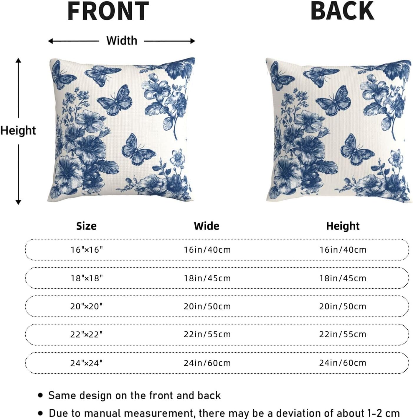 KiuLoam Navy Blue Floral and Butterfly Pillow Covers 24x24 Inch Set of 2, Vintage Chinoiserie Rustic Decorative Throw Pillows, Farmhouse Outdoor Square Cushion Cases for Sofa Couch Bed Home Decor