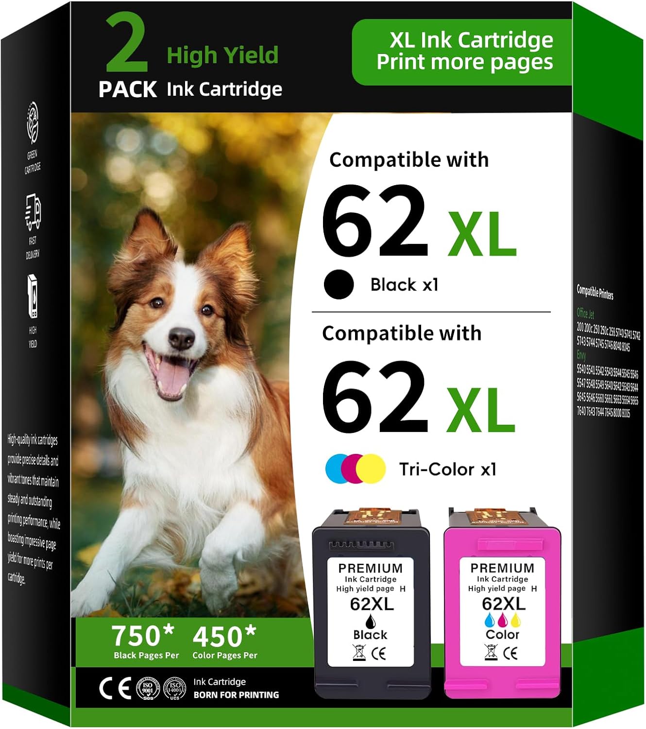 62XL Ink Cartridge 2-Pack Replacement for HP 62 Combo Pack Compatible with HP OfficeJet 200 200c 250 250c 258 5740 5741 Envy 5540 5541 5542 5543 5544 5545 5546 5547 Printer Ink(1 Black, 1 Tri-Color)