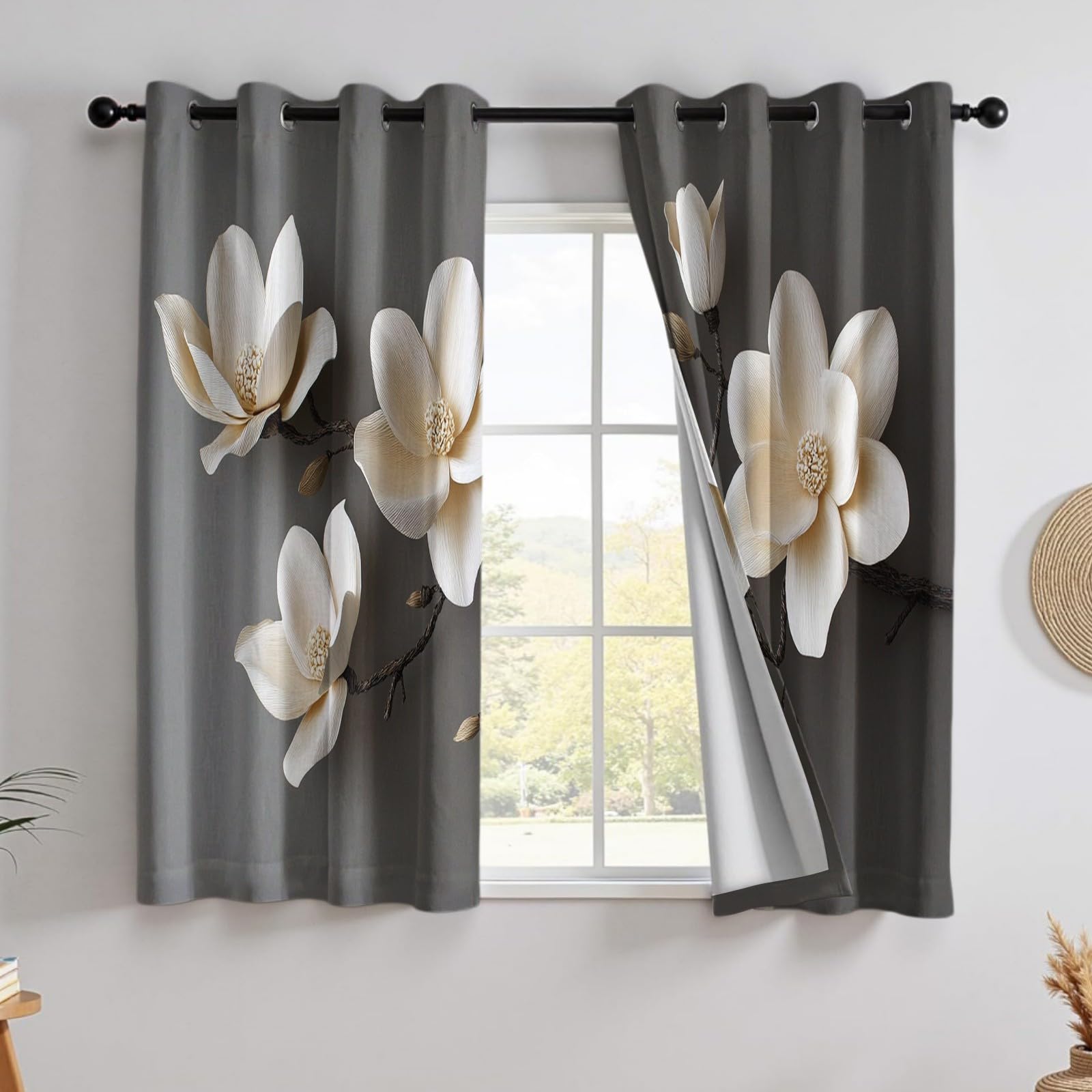 Rideaux Occultants Opaques Thermiques à Œillets Lot de 2, Fleurs de Magnolia pour Fenêtre et Porte, 132L X 210H cm