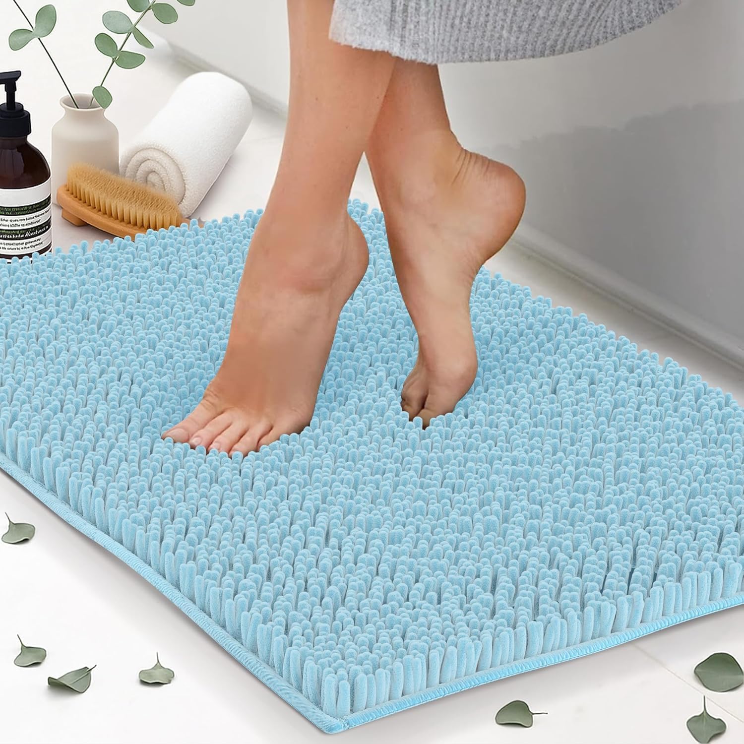 ITSOFT Plush Bathroom Rug 47"x21", Absorbent Machine Washable Non Slip Chenille Bath Mats, Quick Dry Bathmat, Bath Rugs for Bath, Shower, Bedroom, or Door Mat, Beige