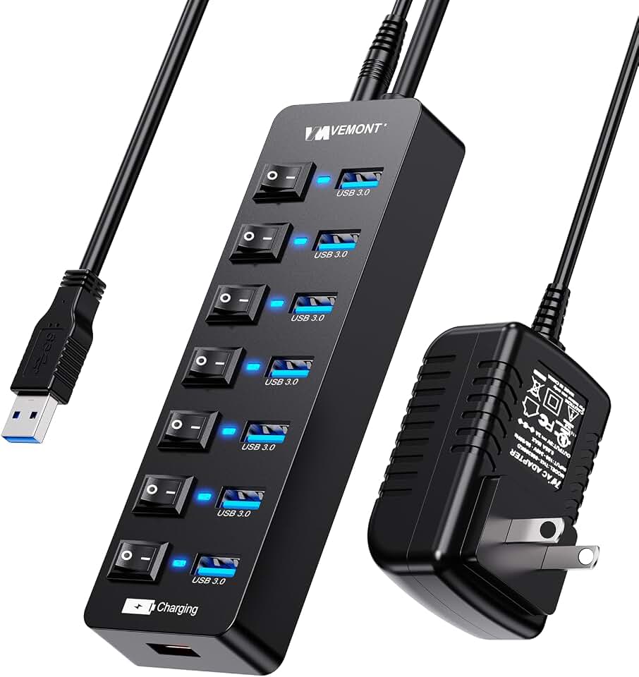 VEMONT Hub Usb 3.0 com Alimentação Externa, 7 Portas Usb e 1 Porta Usb para Carregamento Inteligente com Fonte de Alimentação de 5V/3A, Extensor Usb com Interruptores Liga/Desliga Individuais e Cabo