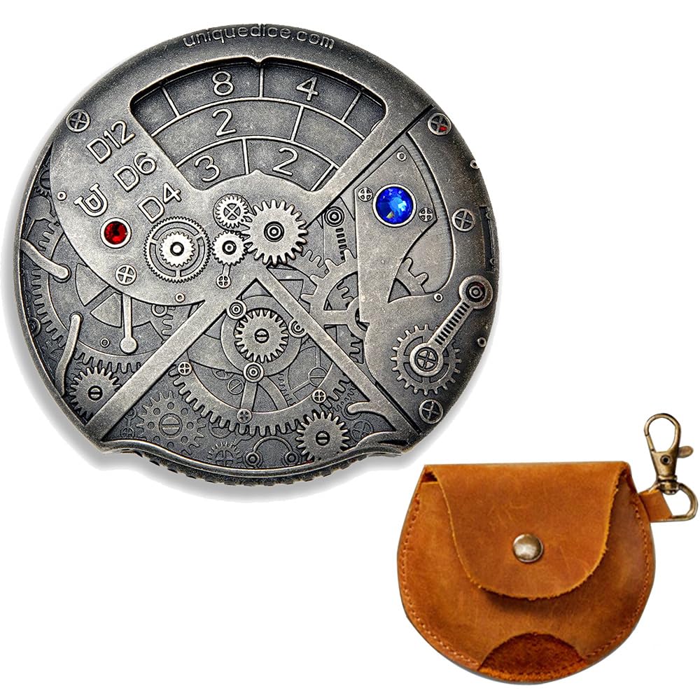 Uniquedice Ruletka kości tematyczne motyw jeden na 7 kości D20 D12 D10 D8 D6 D4 D% dla DND Tabletop RPG (antyczne srebro ze skórzaną torbą)