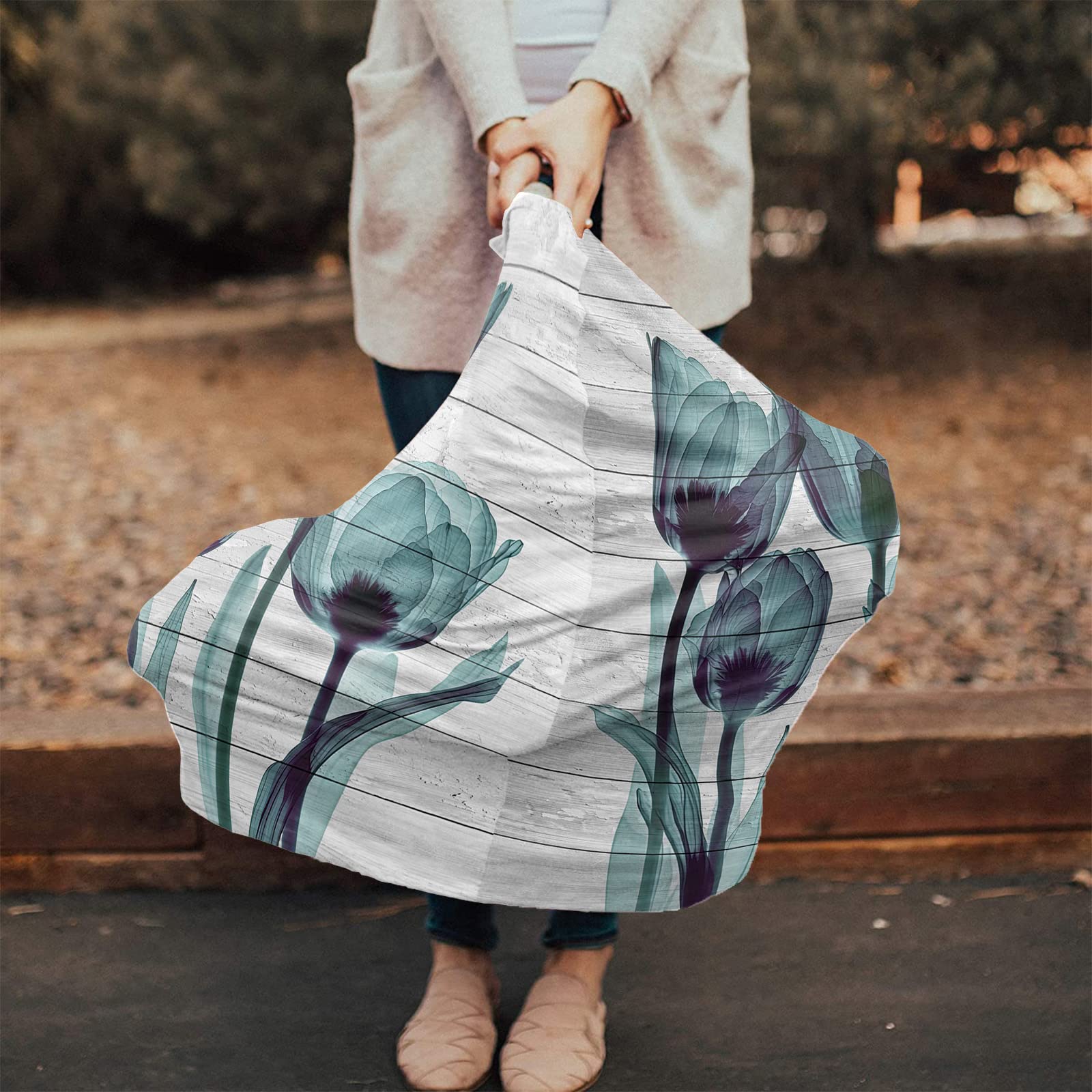 Nursing Cover for Breastfeeding Scarf, Turquoise Green Flower White Wood Grain Baby Car Covers Super Soft Multi Use for Canopy Shopping Cart Cover Blanket Stroller Cover