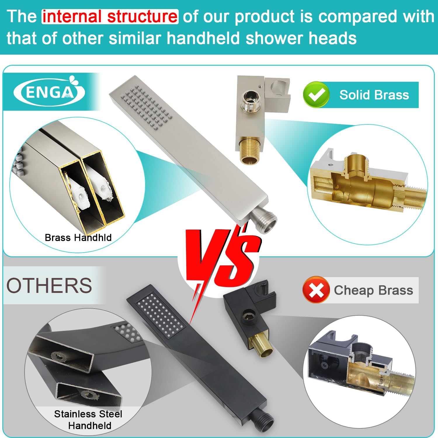 Enga Solid Brass High Pressure Hand Held Shower Wand Square Head with Adjustable Supply Elbow Wall Connector Shower Holder and Hose Set, Brushed Nickel