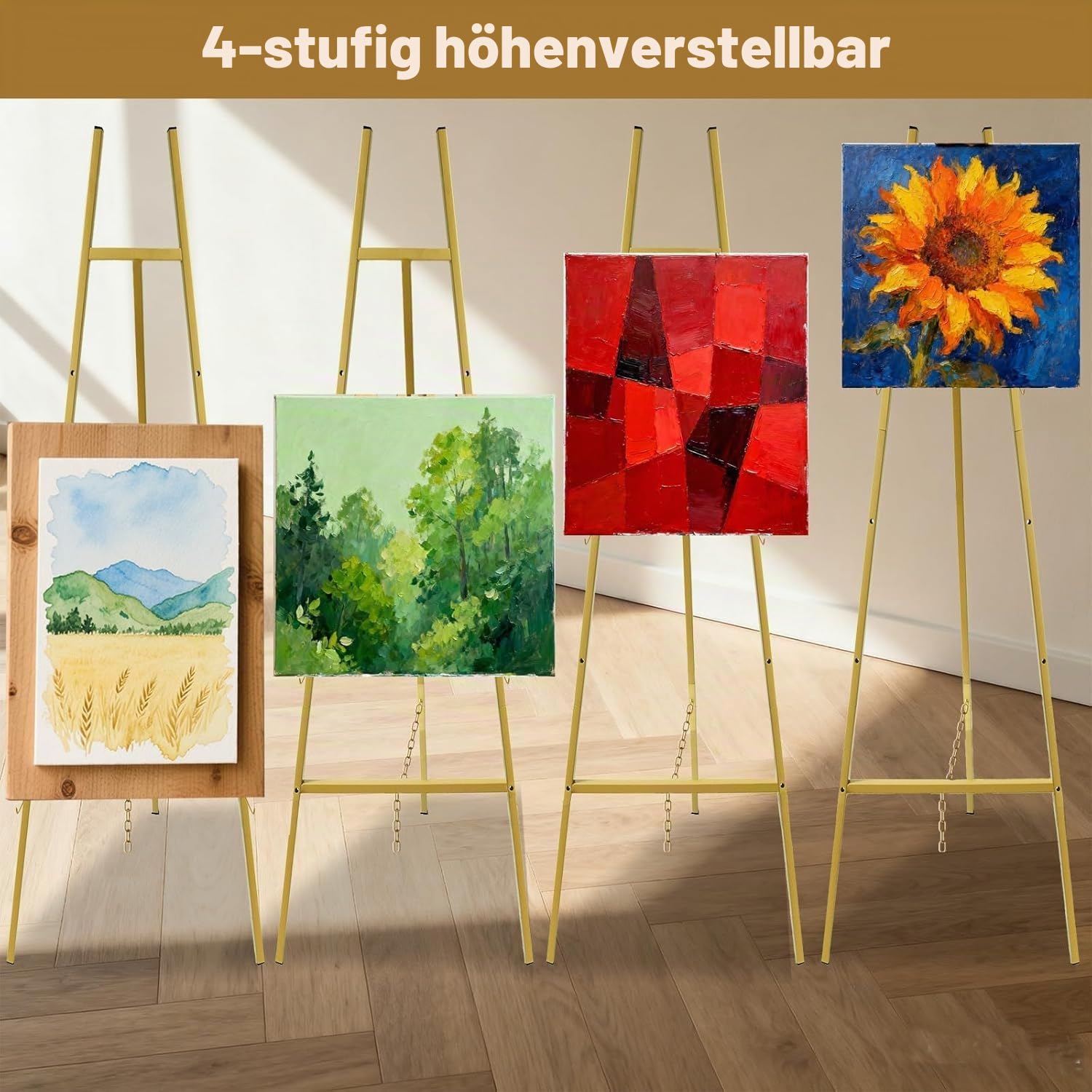 Goldener Staffelei-Ständer für Hochzeitsschilder, robuste Metall-Staffelei mit verstellbarer Kette, 4-stöckige Höhe, Kunststaffelei für Kunst, Malerei, Willkommensschild, Poster und kommerzielle