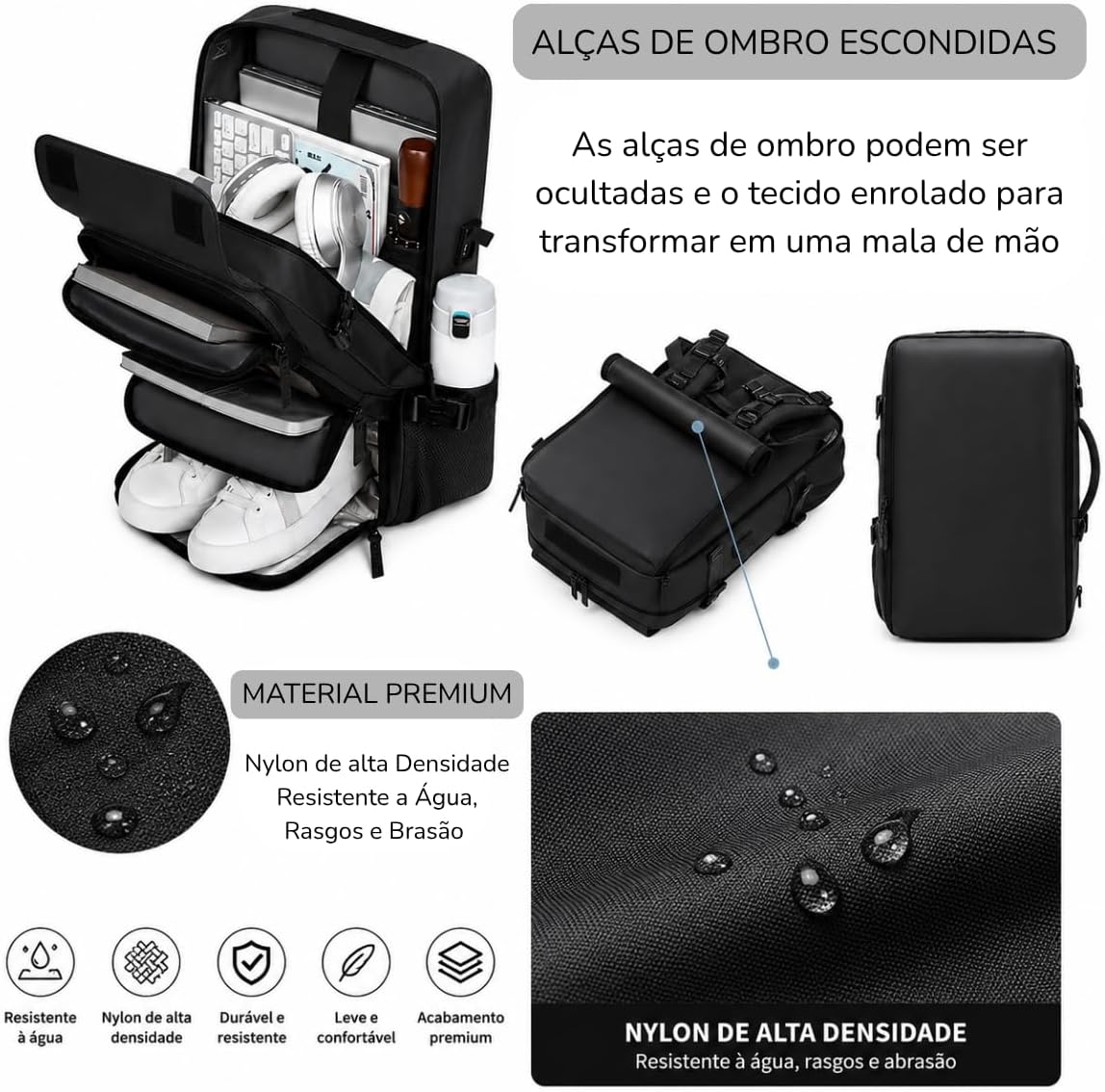 Mochila Masculina Grande Reforçada para Notebook e Laptop – Impermeável, Executiva, Trabalho, Viagem, Mala de Mão, Escolar, Casual, Portátil, Resistente, Organizada e Unissex