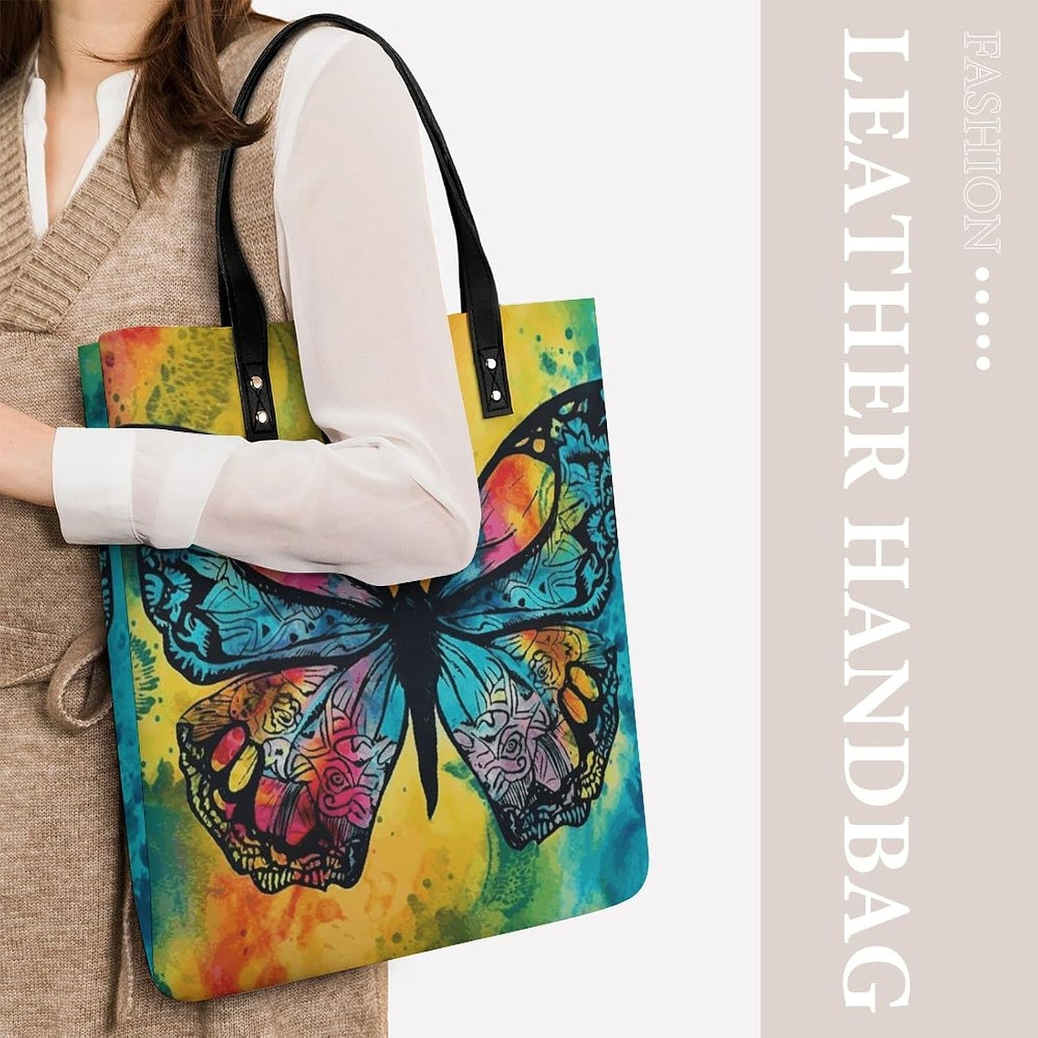 Butterfly Tie Dye Tote Bag with Magnetic Buckle Reusable Grocery Bags Lightweight Cross Body Handbag for Daily Essentials