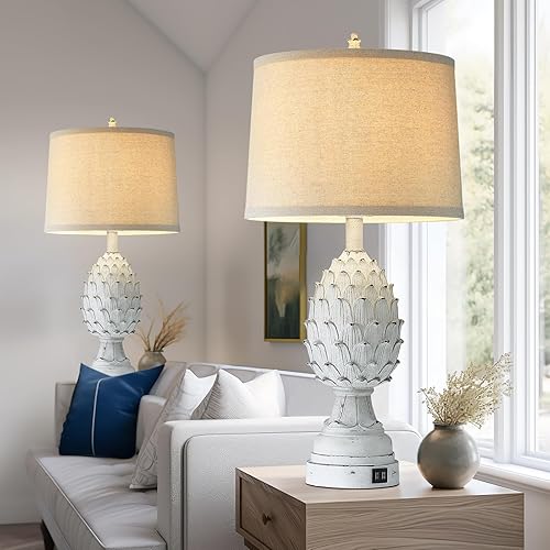 Miniatura 6 de Lámpara de mesa de granja con puerto USB A+C, lámpara de mesita de noche rústica de 27 pulgadas de alto, lámpara de mesa decorativa de brácteas
