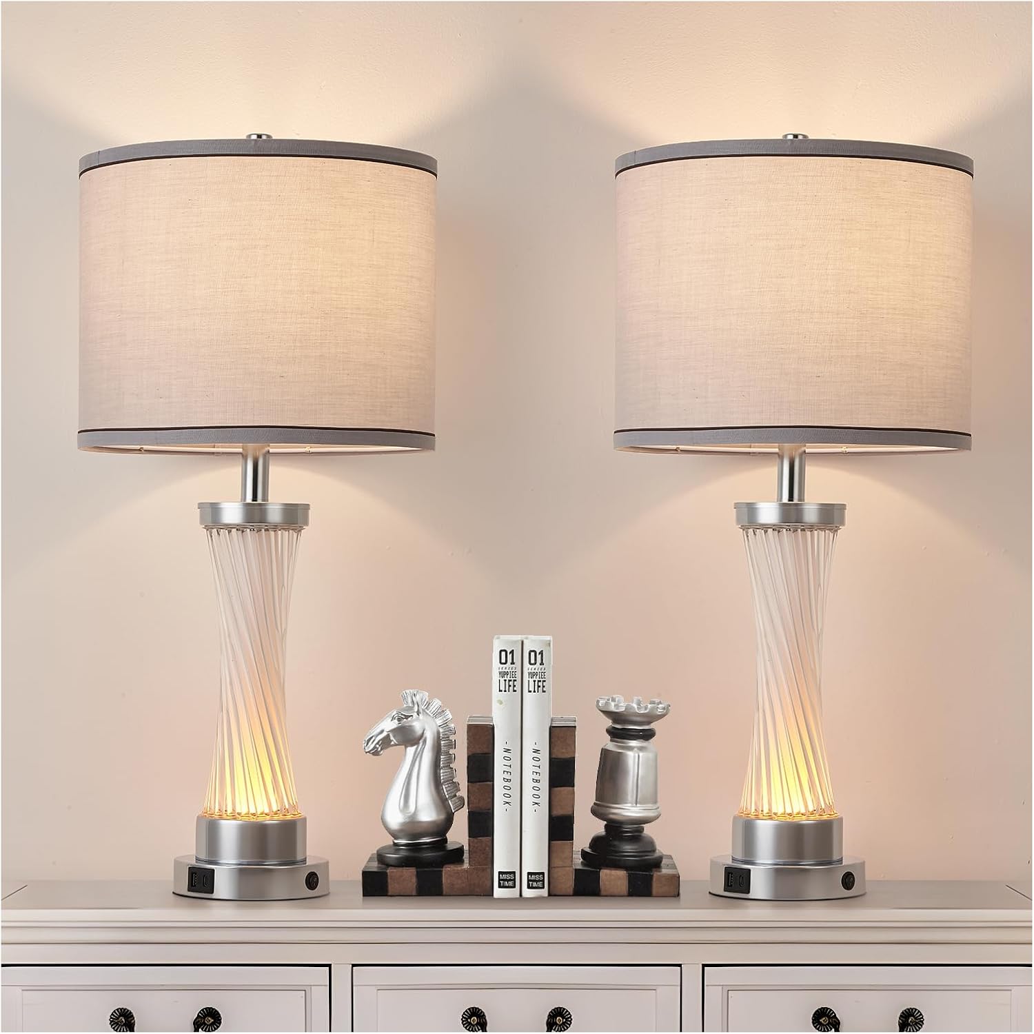 3-Way Dimmable Table Lamp Set of 2,Touch Control Lamp with Night Light,Modern Crystal Table Lamps for Bedroom,Living Room，Bedside Lamps with USB A+C Ports，Fabric Lampshade(Blubs Included)